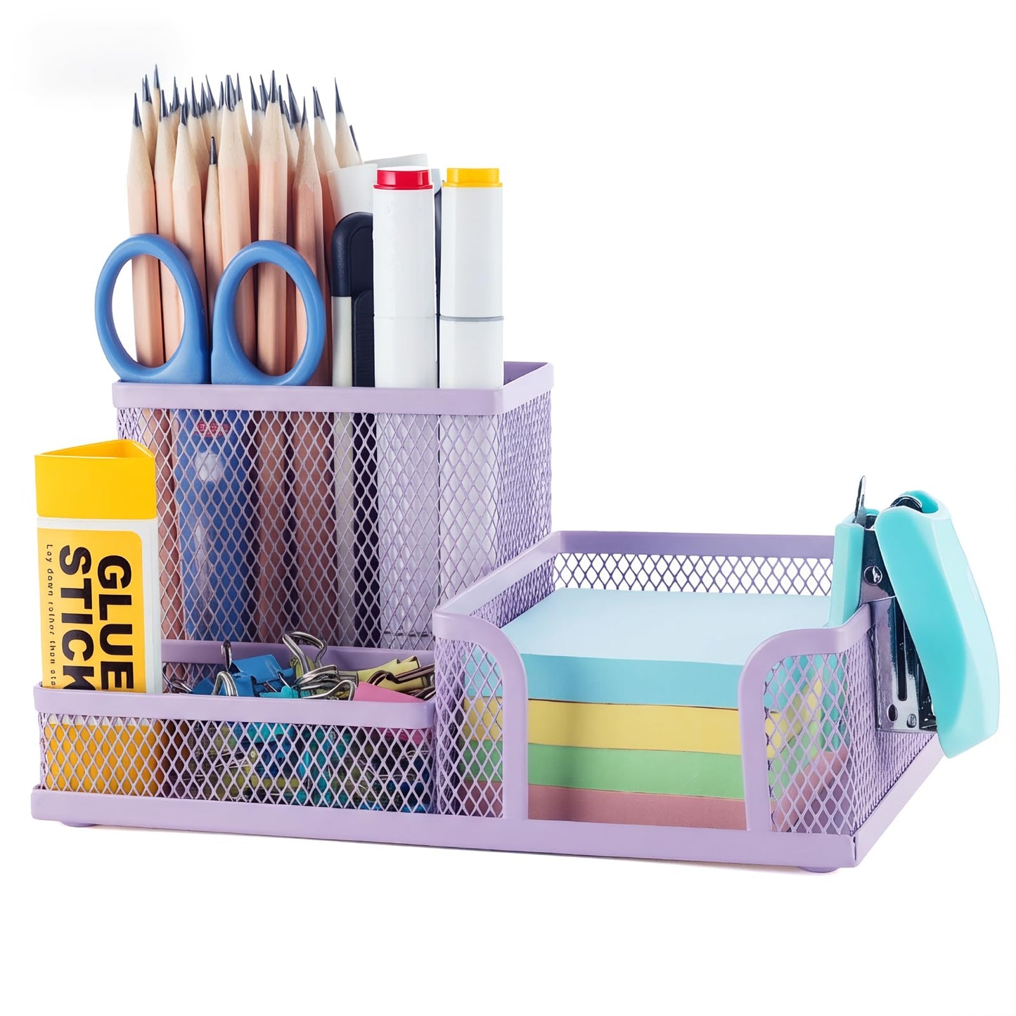 M&G Mesh Pen Holder Desk Organizers Pencil Holder for Desk Purple, 3 Compartments Metal Office Supply Organizer with Sticky Notes Holder for Home Office