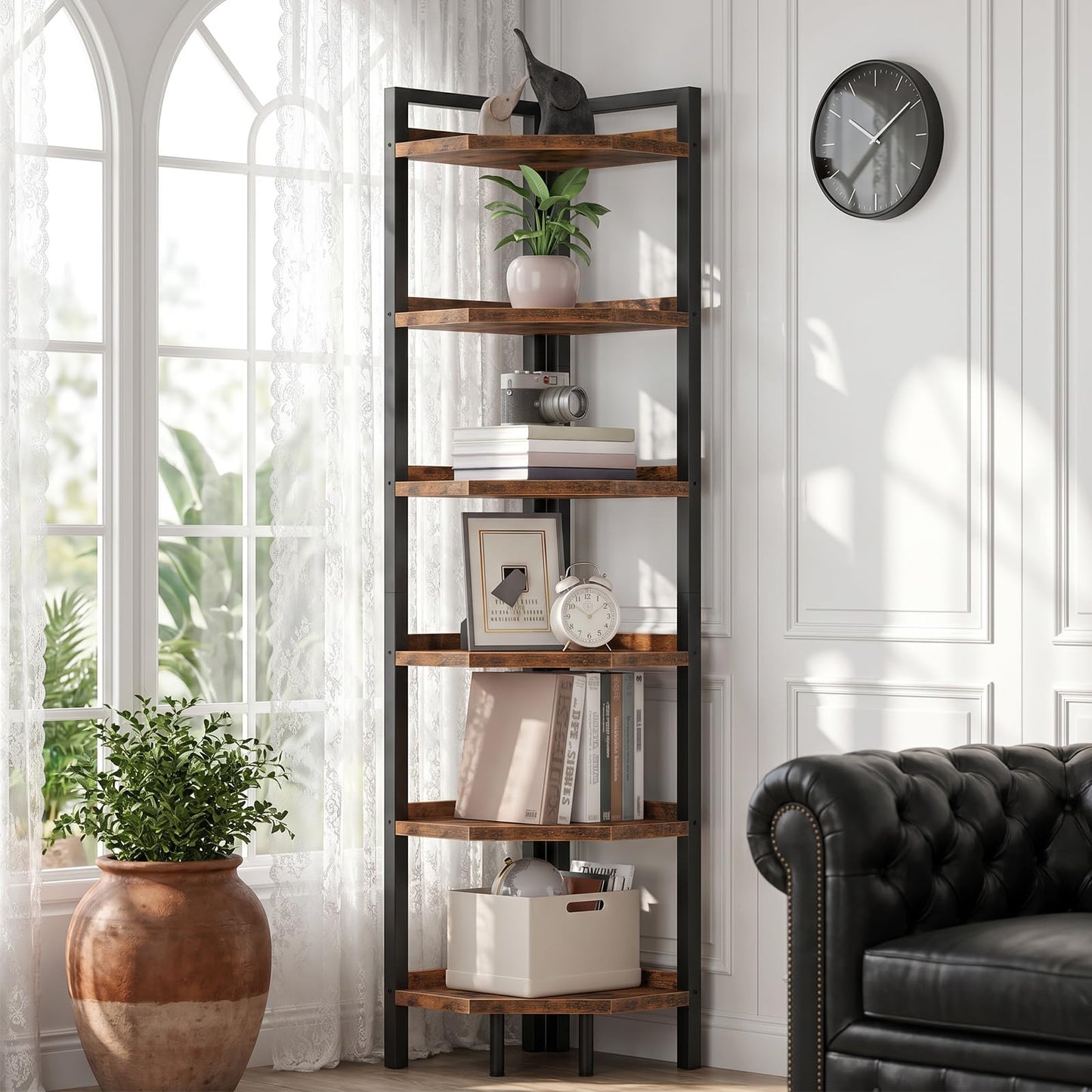 CHOEZON 6-Tier Corner Shelf, Tall Corner Bookshelf, Freestanding Storage Stand, Display Shelving for Living Room, Bedroom, Home Office, Rustic Brown and Black TCJ39BF