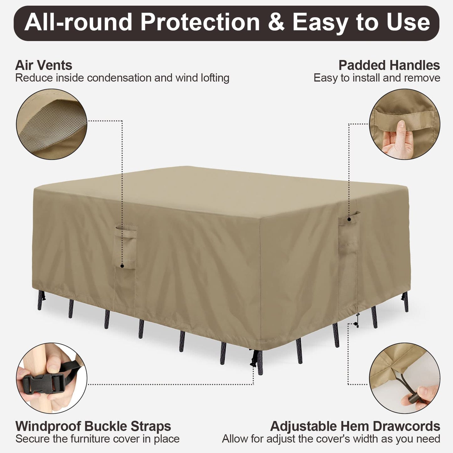 PureFit Patio Furniture Covers, Outdoor Table Furniture Cover Waterproof Rectangle, Patio Sectional Couch Set Cover for Deck, Lawn and Backyard, UV Resistant, 90"L x 64"W x 28"H, Camel