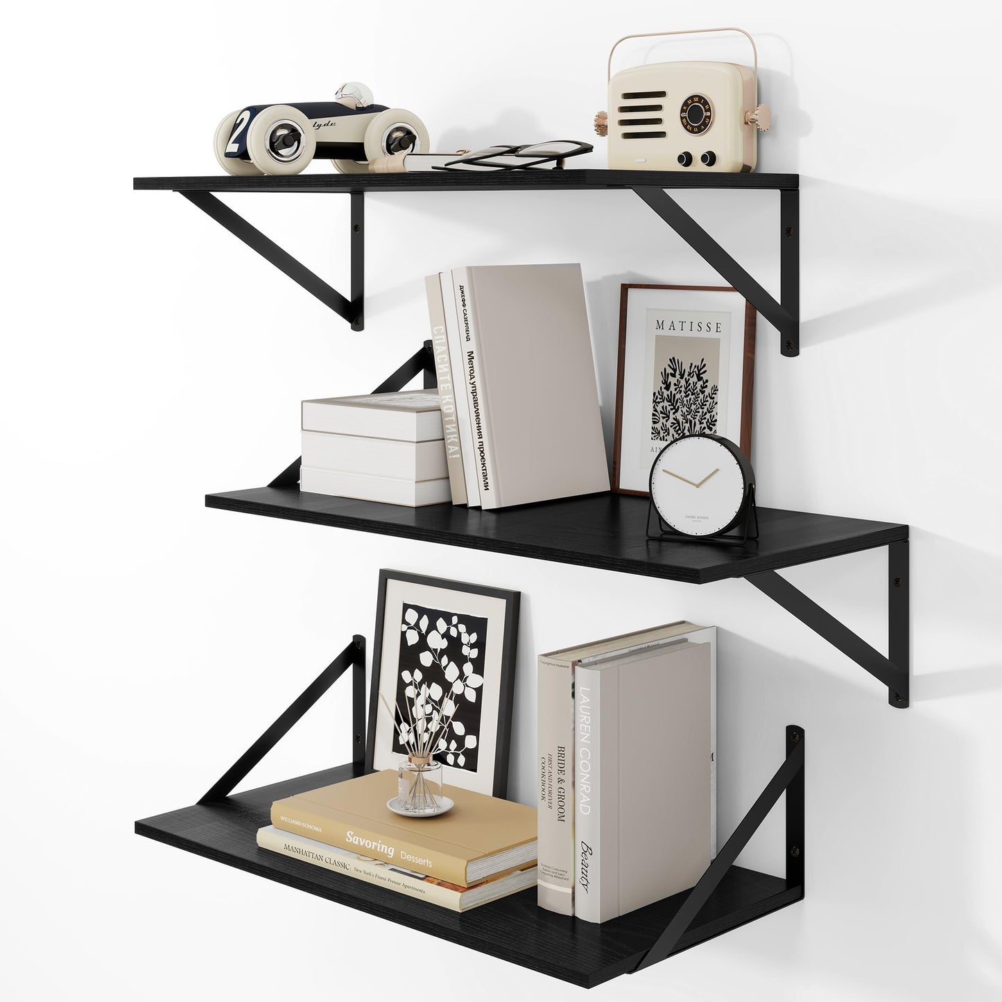 Heimlove Deep Floating Shelves for Wall, Wood Wall, Wide Floating Bookshelf for Living Room, Kitchen, Office, Bedroom and Decor Storage,Black with Metal Bracket, 24wx12dx5.8h, 3Shelves