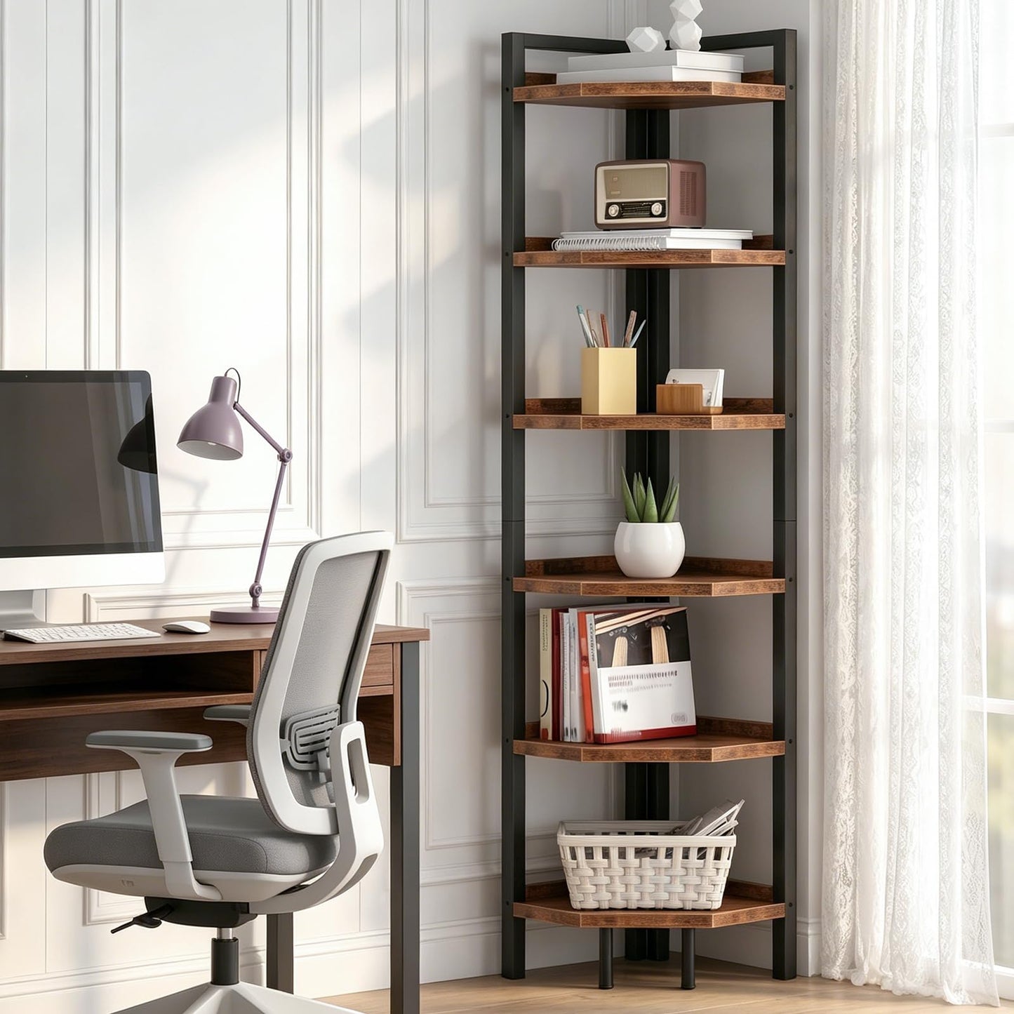 CHOEZON 6-Tier Corner Shelf, Tall Corner Bookshelf, Freestanding Storage Stand, Display Shelving for Living Room, Bedroom, Home Office, Rustic Brown and Black TCJ39BF