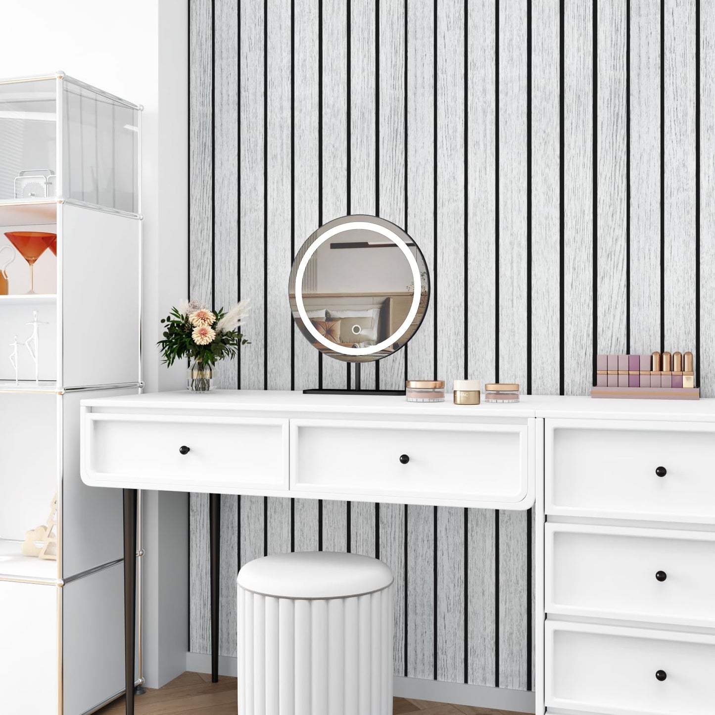 STICKEEP White/Grey Wood Slat Panels for Interior Wall Decor Self Adhesive Textured 3D Walls Paneling Soundproof Peel and Stick Wooden Slats Wall Panel for Bedroom Bathroom Living Room 118"x 23.6"