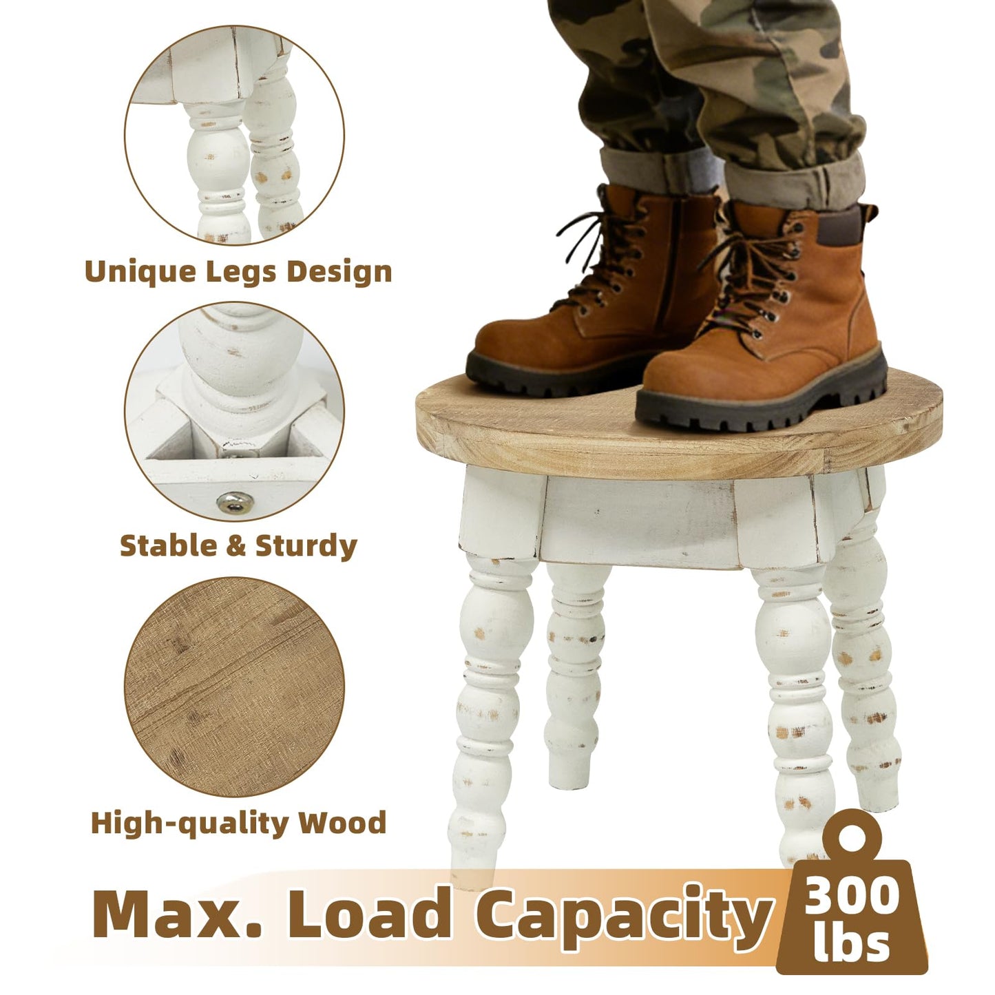 JUMBO DECOR Wooden Step Stool for Kids Adults, Farmhouse Step Stool or Plant Stand Indoor, Portable and Sturdy Versatile Foot Stools for Bathroom, Bedroom, Office, Kitchen, Plant Stand (Round)