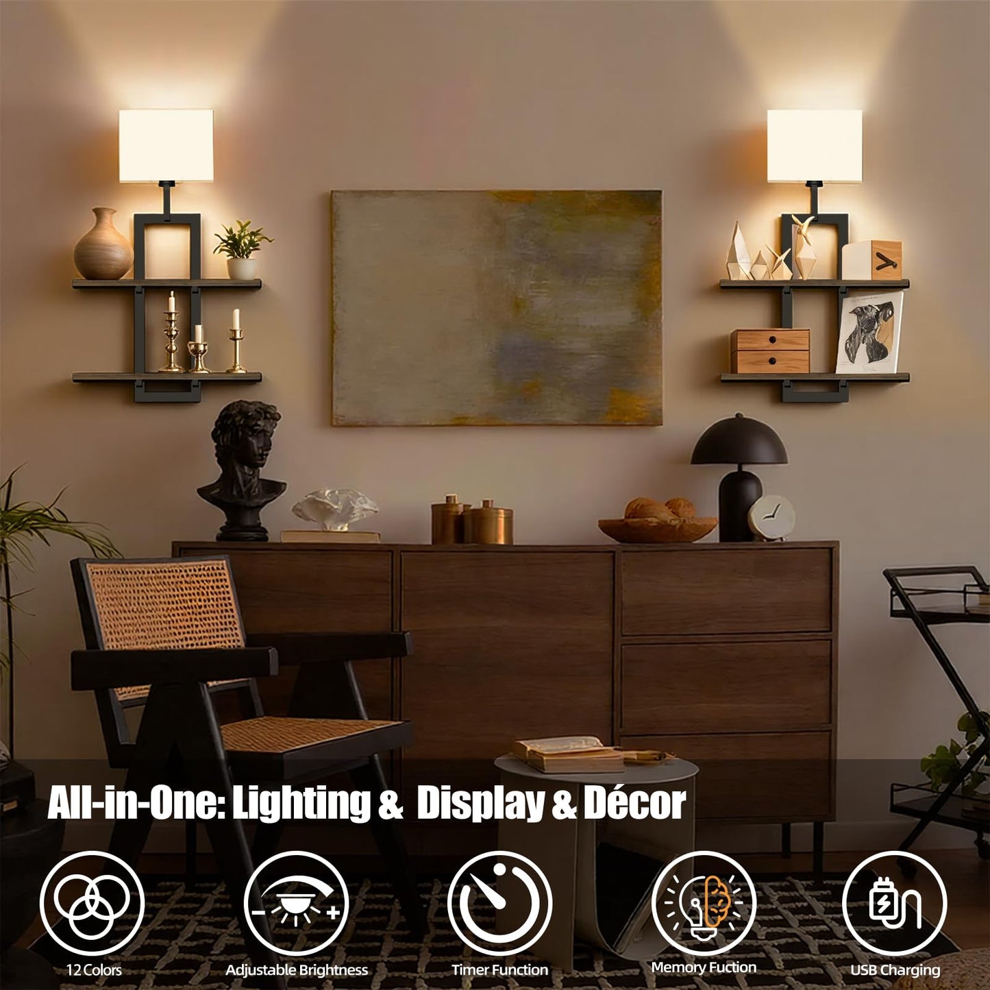 RINBOU Set of 2 Battery Operated Wall Sconce with 2-Tier Shelf, Remote Wireless Rechargeable Dimmable Wall Lights with Floating Shelves, Wall Lamps for Bedroom Living Room Hallway Bathroom Decor