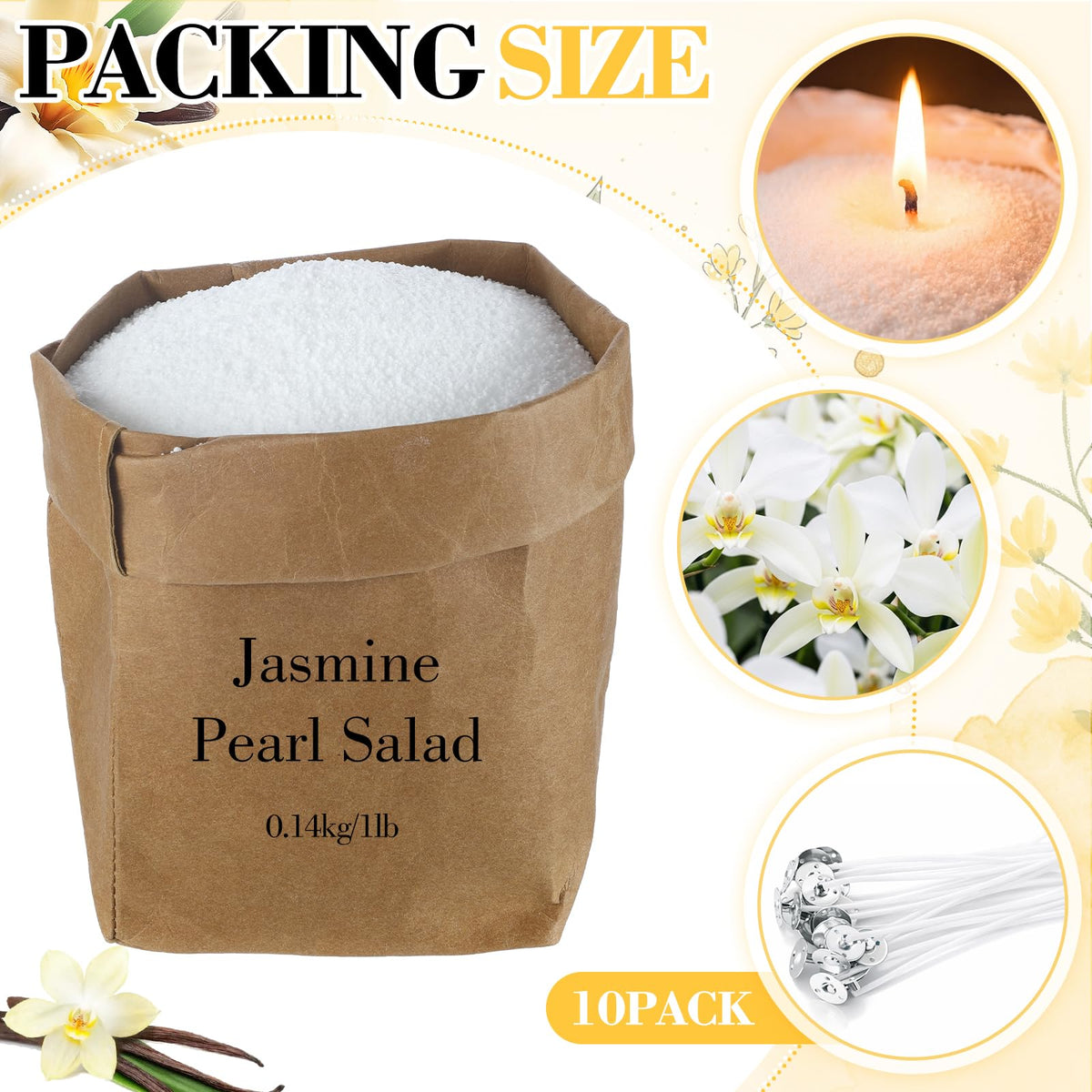 Conelist 1lb Vanilla Pearled Candle Sand Wax Set Customized Powder Making Candles Refill Kit Palm Wax All Natural Non Toxic with 10 Wicks for Gifts DIY Making