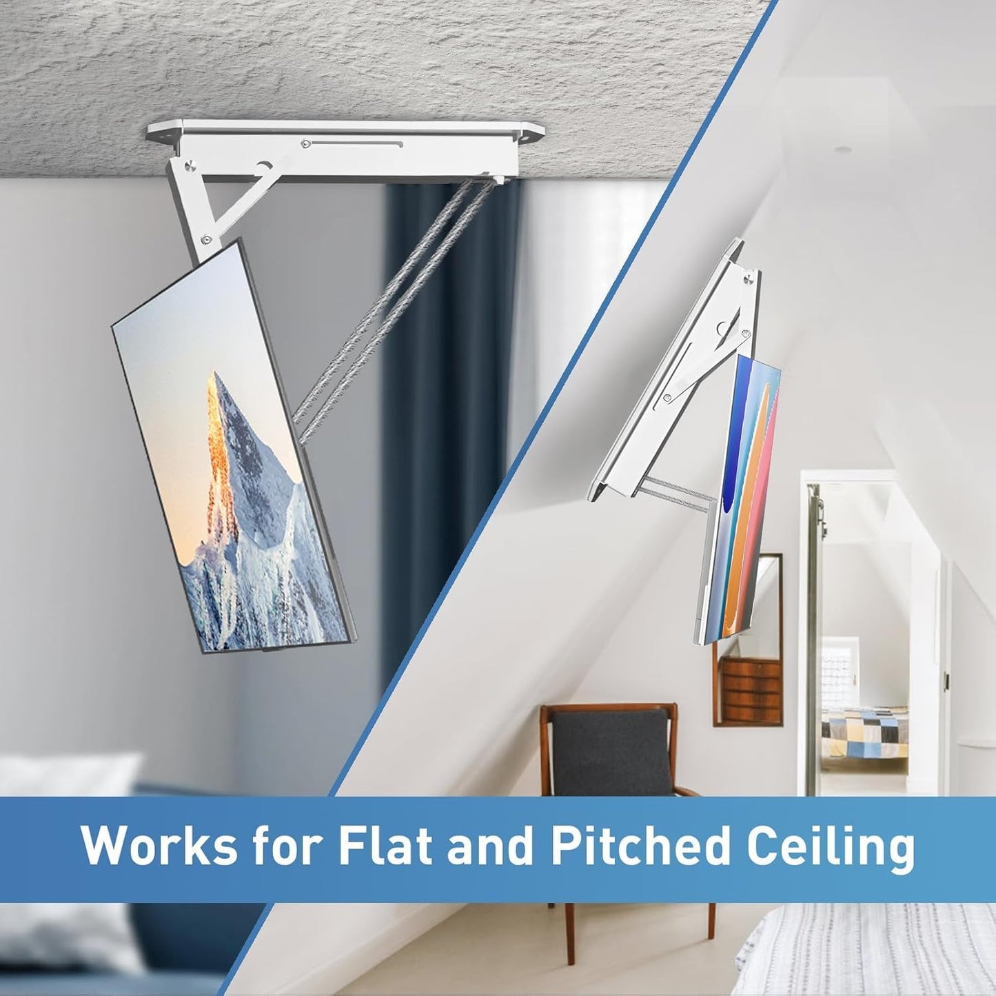 XINYAO Electric Ceiling TV Mount with Remote, Motorized Ceiling Mount TV Bracket Flip Down for 32 to 70 inch Flat Curved Screen Mount Drop Down for Flat Pitched Roof Indoor Outdoor (White)
