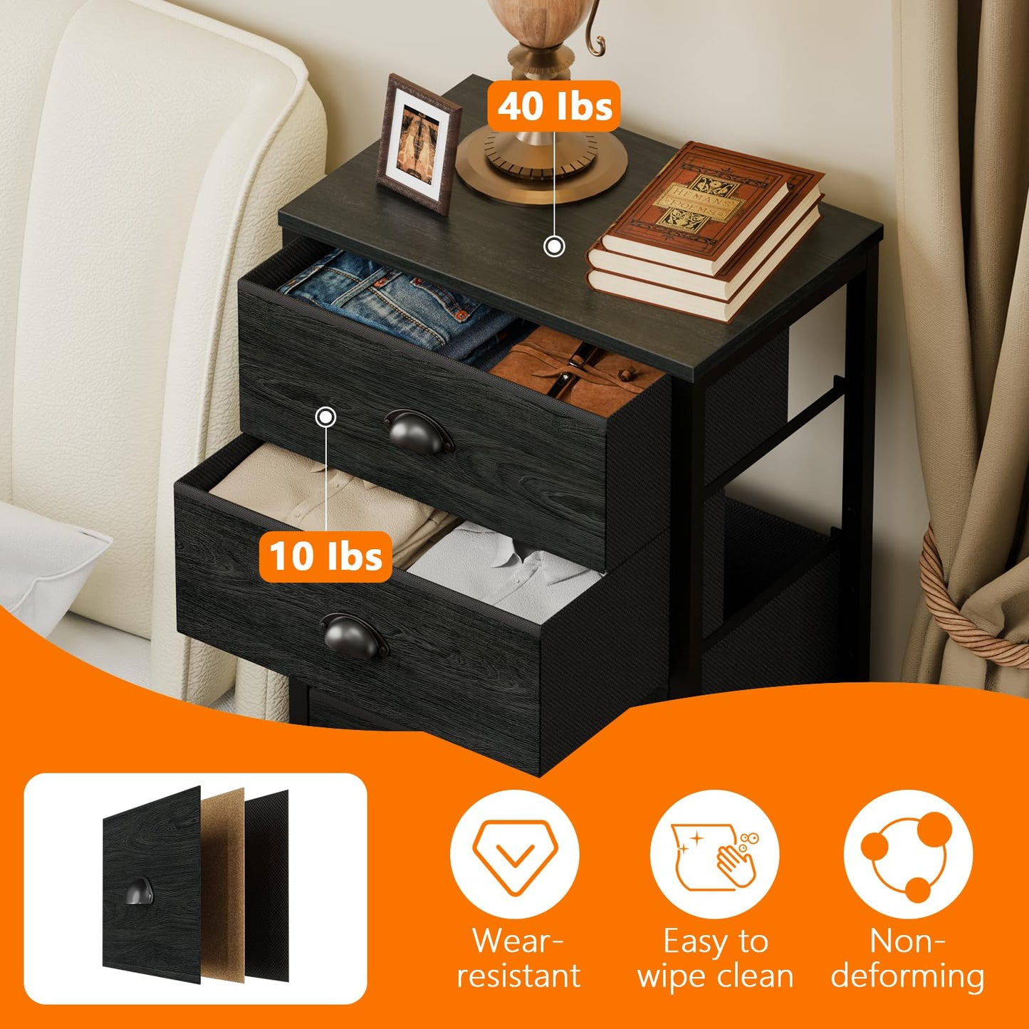 Furnulem Bedroom Dresser, Tall Chests of Drawers with 7 Fabric Bins, Black Organizer in Closet, Dorm, Living Room, Nursery, Hallyway-Storage Tower Unit, Sturdy Steel Frame