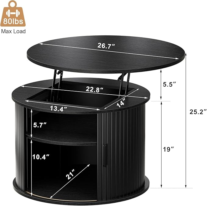 FABATO Round Lift Top Coffee Table, Fluted Wood Accent Coffee Table