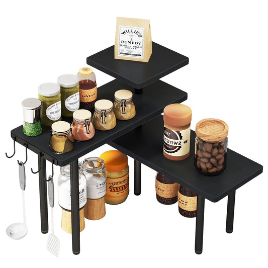 IBUYKE Countertop Organizer,3-Tier Spice Racks,Kitchen Counter Corner Shelf,4 Side Hooks,Adjustable Countertop Shelf for Kitchen, Bathroom, Coffee Bar, Cabinet, Desk,Black,TLJ023B
