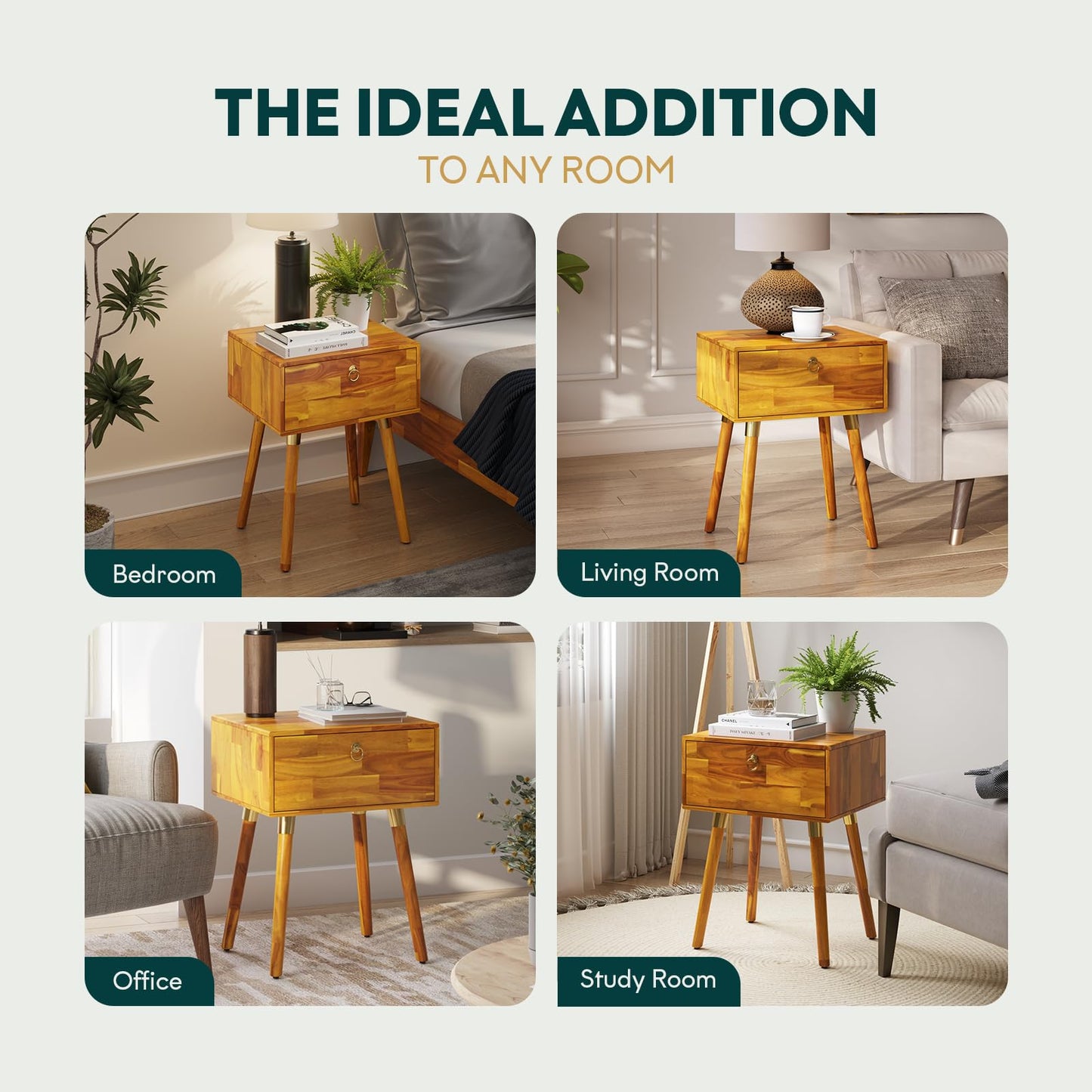 Bme Alden Solid Wood Nightstand/Side Table/End Table, Fully Assembled, with 1-Drawer for Mid Century Bedroom and Living Room, (12mm), Caramel