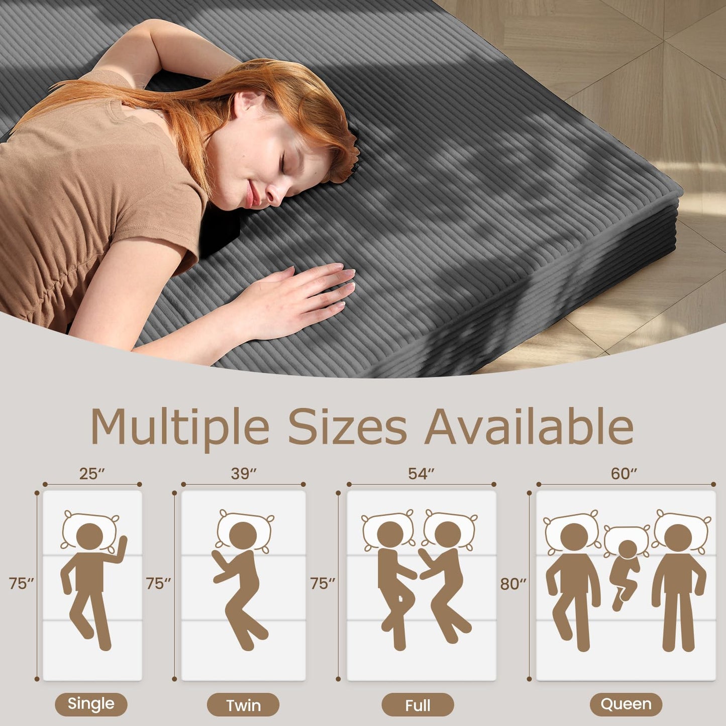 feliz home 6-Inch Tri-Folding Mattress Full Size - Foldable Futon Sofa Bed with Removable Washable Cover, Folding Futon Mattress | Non-Slip Bottom & Carry Handles for Guest, Camping, Dorm