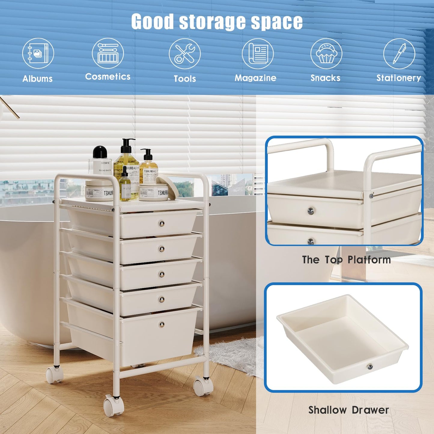 Shrivee 6-Tier Rolling Cart with 5 Drawers, Rolling Utility Cart with 2 Lockable Caster Wheels, Multipurpose Mobile Rolling Storage Drawer Cart for Office Bathroom Kitchen, Ivory White