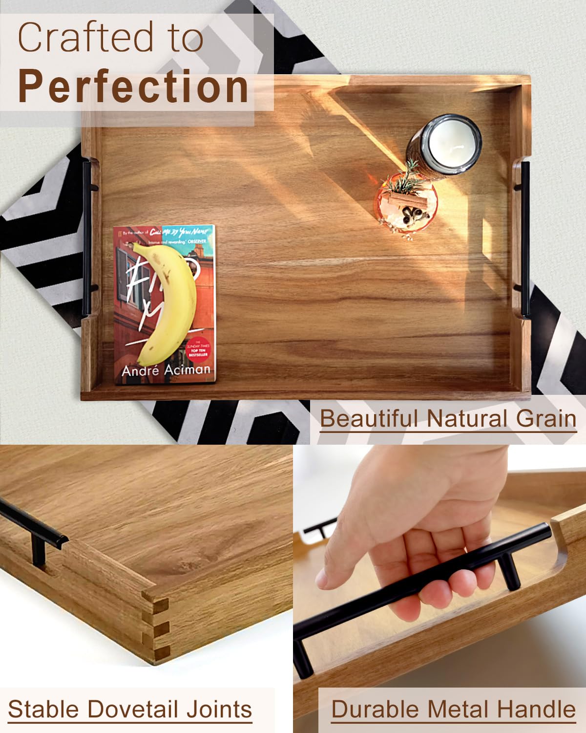 22 inches Acacia Wood Rectangular Ottoman Serving Tray with Metal Handles