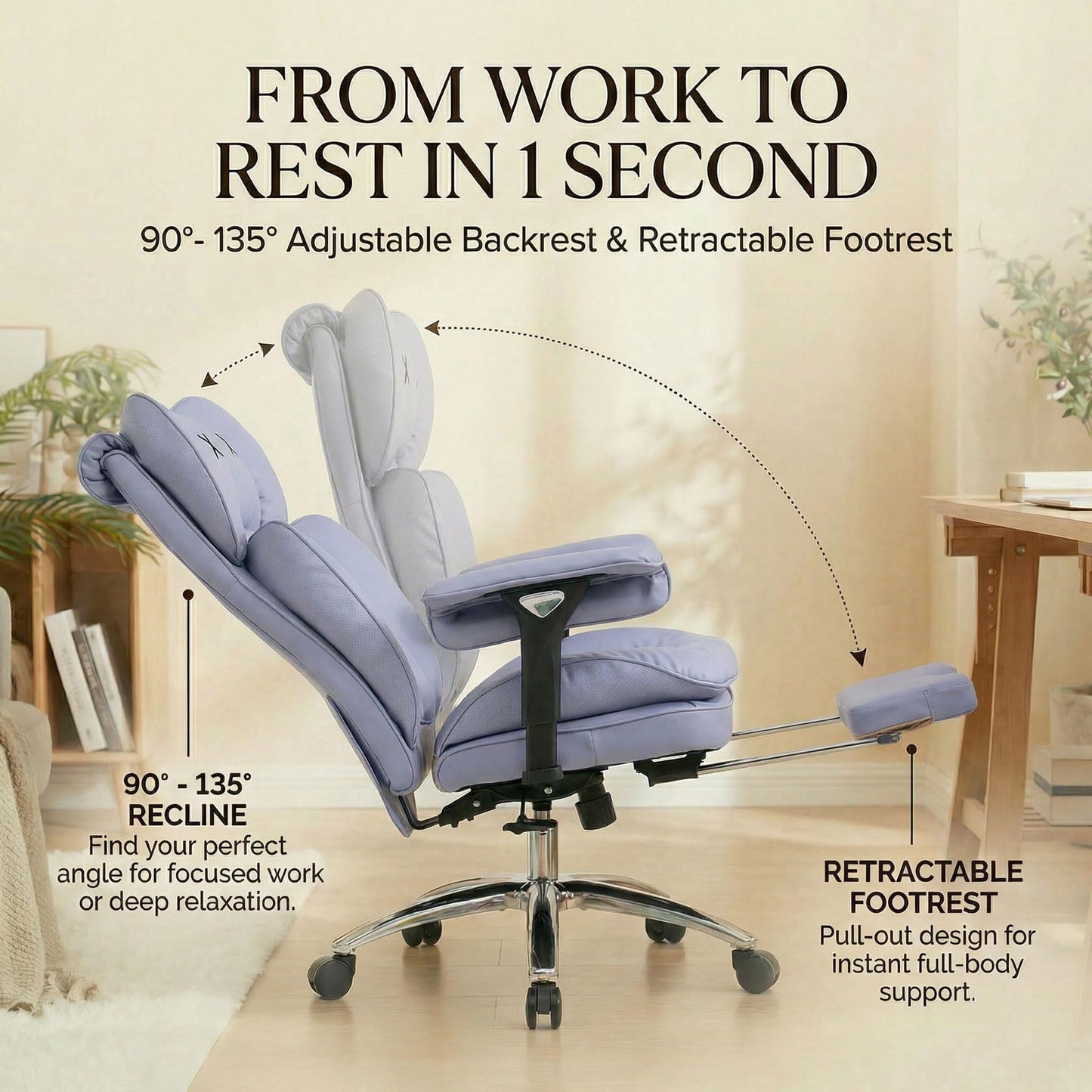 Efomao Big & Tall Executive Office Chair with Footrest - 400lbs Heavy Duty High Back PU Leather Desk Chair, Modern Ergonomic Reclining Computer Chair, Purple