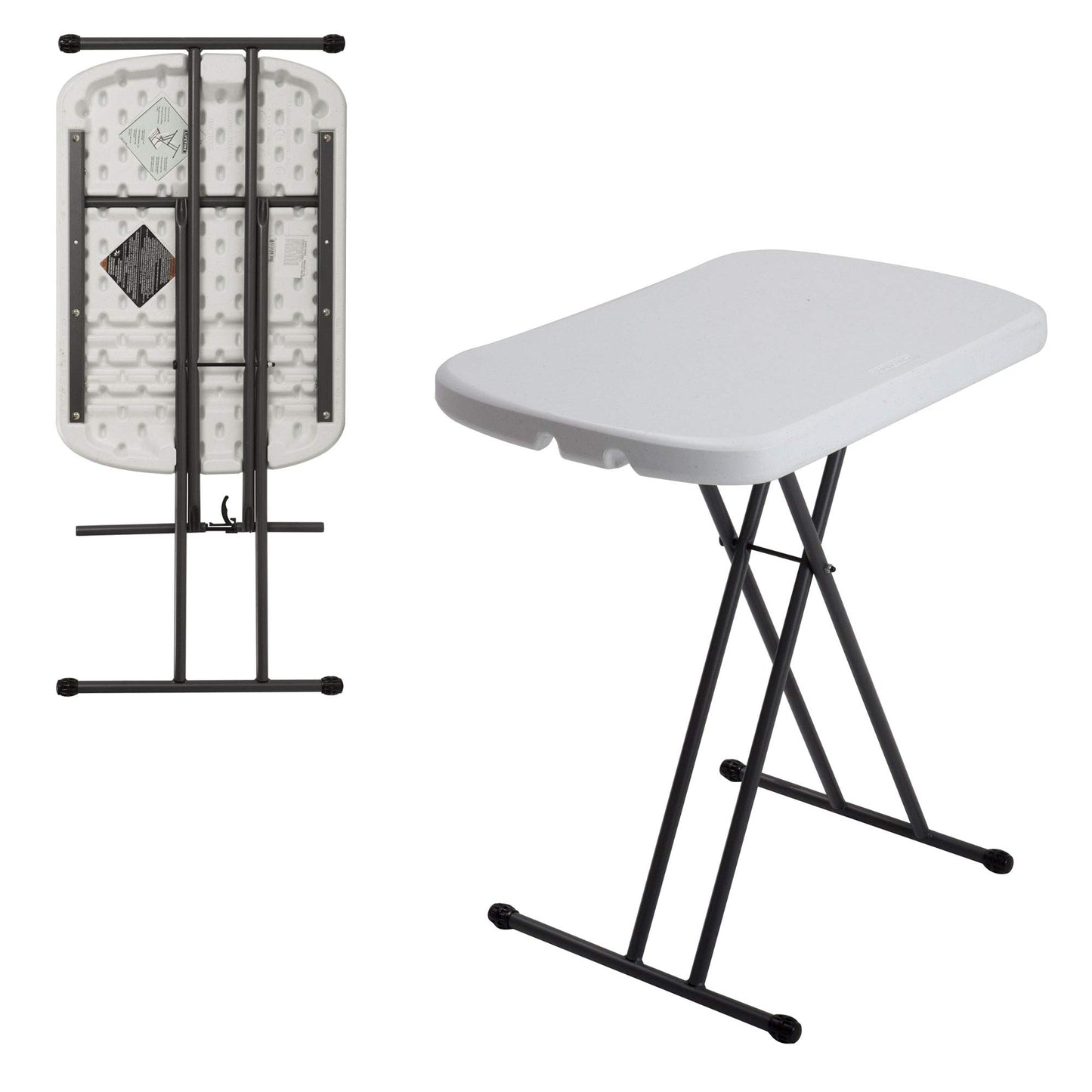 Lifetime 80387 4-Foot Commercial Adjustable Folding Table, Almond 80251 Adjustable Folding Laptop Table TV Tray, 26 Inch, White Granite