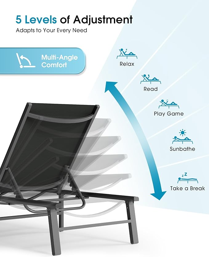 Ciokea Foldable Outdoor Lounge Chair Set of 2, No Assembly Aluminum Chaise