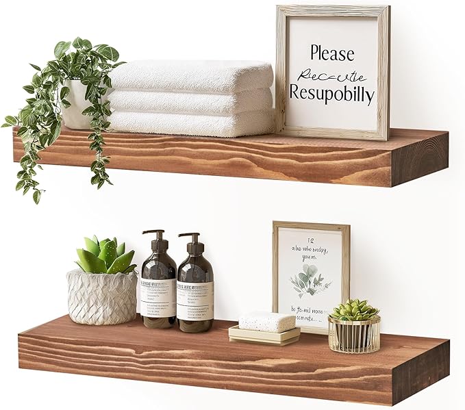 17x8x1.6 inch Floating Shelves Set of 2 – Solid Wood Rustic Brown Wall Mounted
