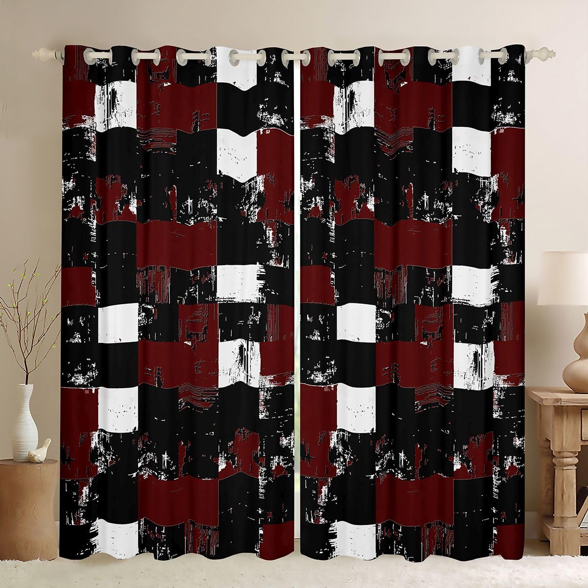 Feelyou Abstract Curtains for Bedroom Living Room Dark Red Black White Blackout Shades Buffalo Check Plaid Room Darkening Curtain Geometric Grid Window Treatments, 2 Panels 38 x 45 Inch Decor