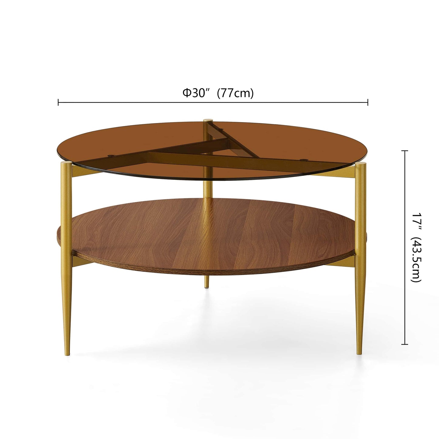 Pine Flicker Round Coffee Table, Mid-Century Modern Design, D30*H17 inch, for Living Room, 2-Tier Structure, Amber Glass Top and Walnut Wood Shelf, Sleek Conical Metal Legs with Gold Finish
