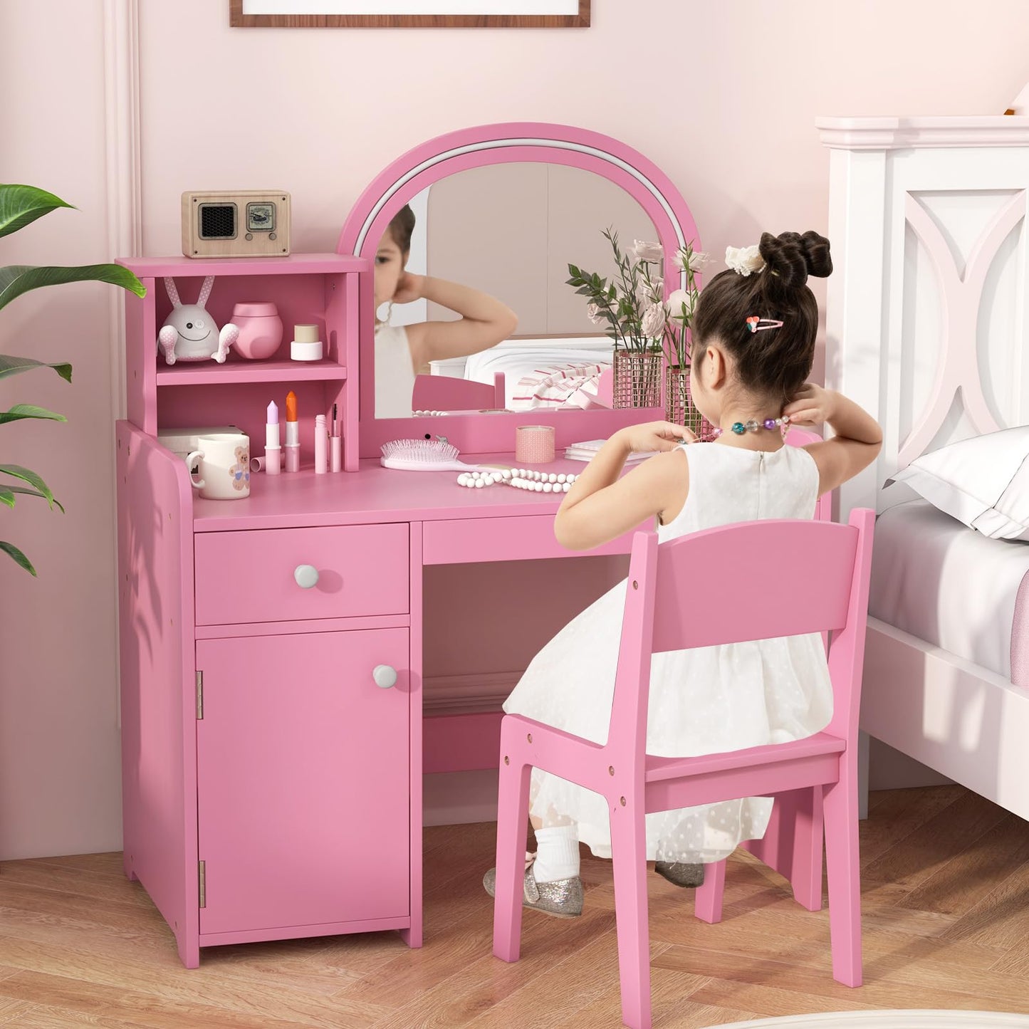 INFANS Kids Vanity, Princess Makeup Desk and Chair Set with Lights Mirror Drawer Storage Shelves, Wooden Dressing Table, Pretend Play Vanity Set for Girls