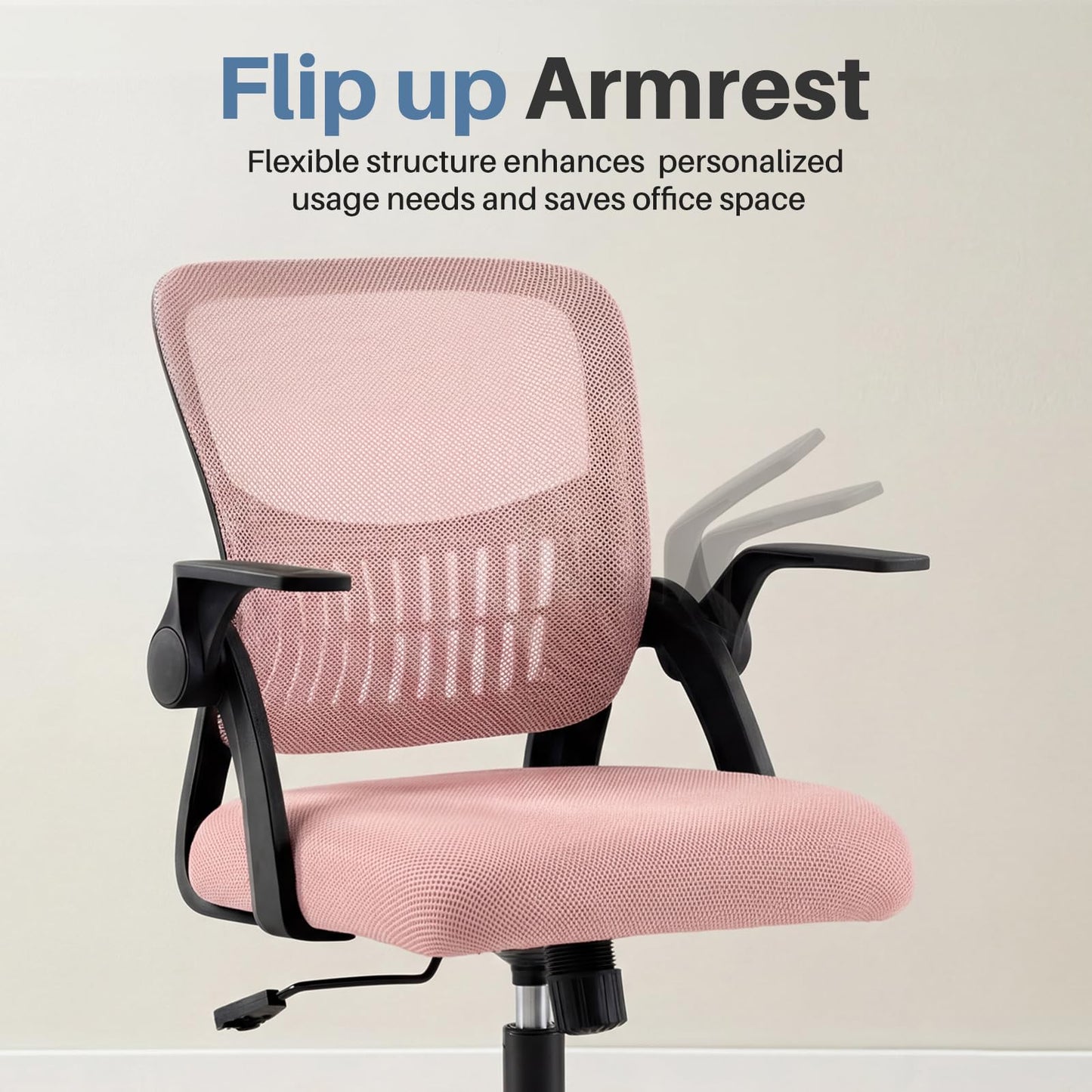 DUMOS Home Office Desk Chair - Ergonomic Computer Mesh Chair with Lumbar Support & Rocking Mode, Height Adjustable with Flip-up Armrest, for Conference, Meeting Room, 360° Swivel, Adults, Pink