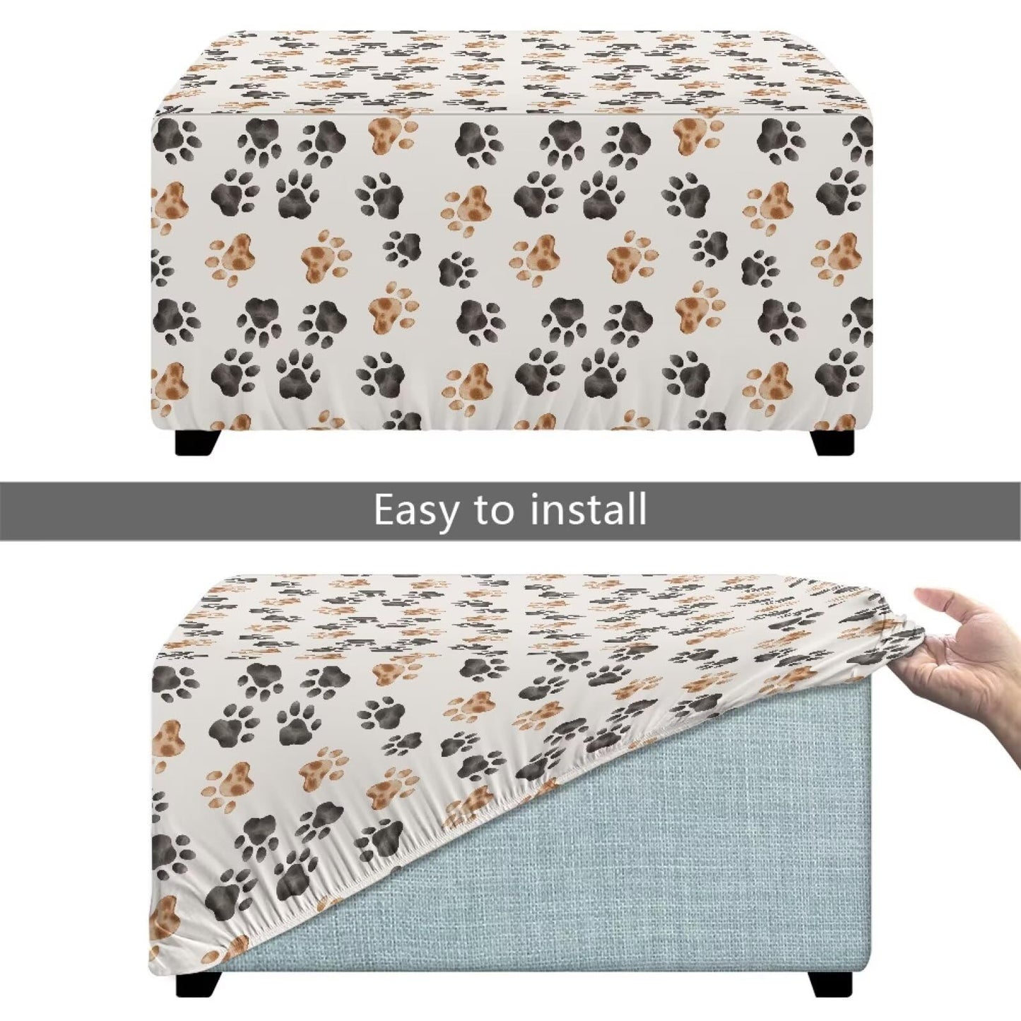 Cugasmaru Ottoman Cover Rectangle Pet Paw Print Ottoman Slip Cover with Pattern Small Bench Covers Slipcover Rectangle Furniture Protector with Elastic Bottom for Living Room Decor