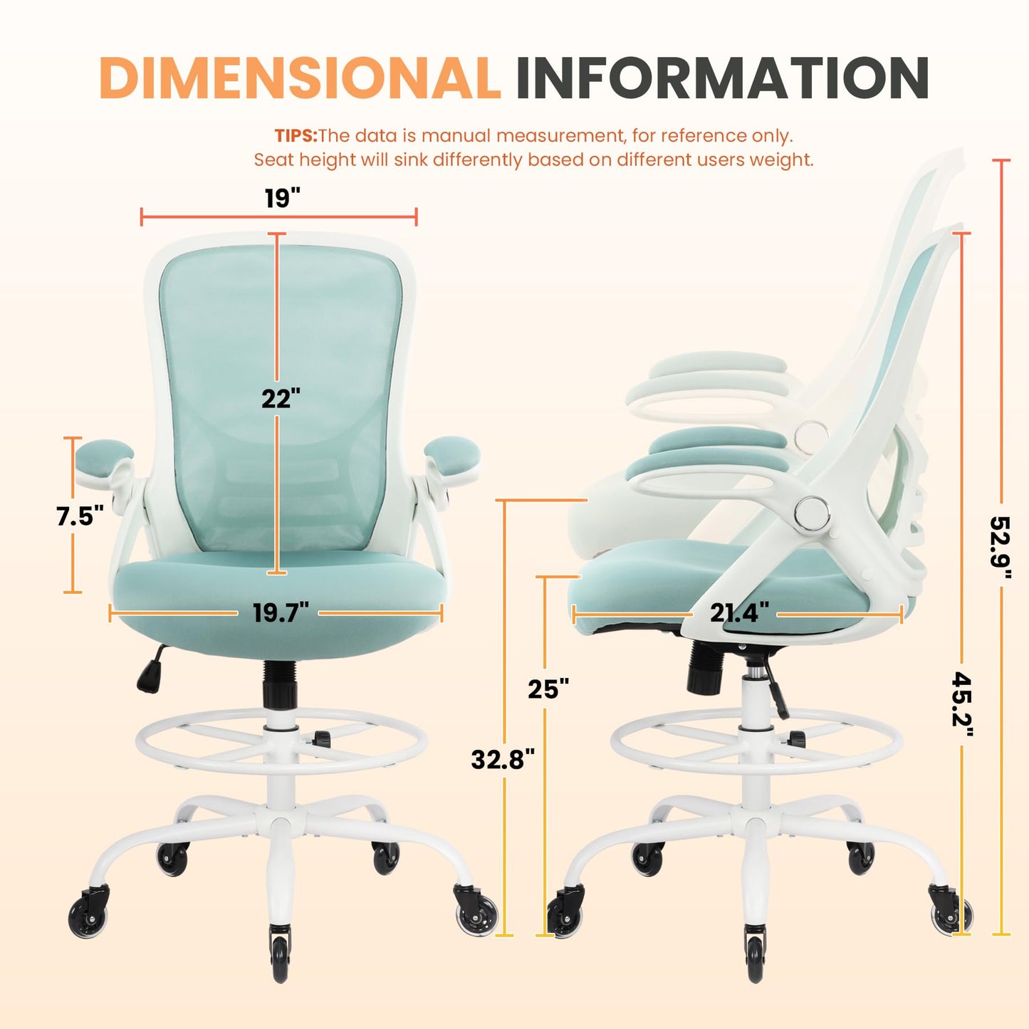 HYLONE Drafting Chair Tall Office, Ergonomic Standing Desk Stool Adjustable Drafting Chair Big Tall Drafting Office Chair Blue