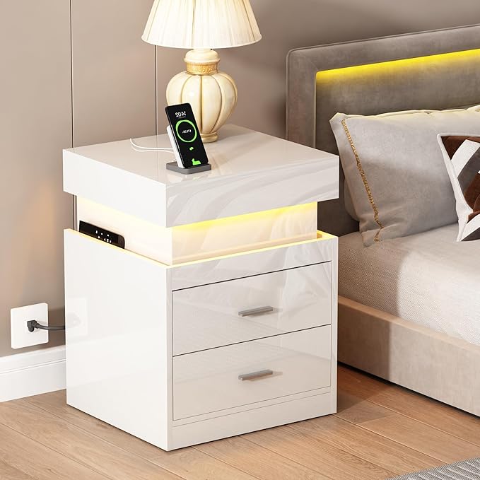 ChooChoo LED Nightstand Set of 2, Smart Night Standwith Charging Station and