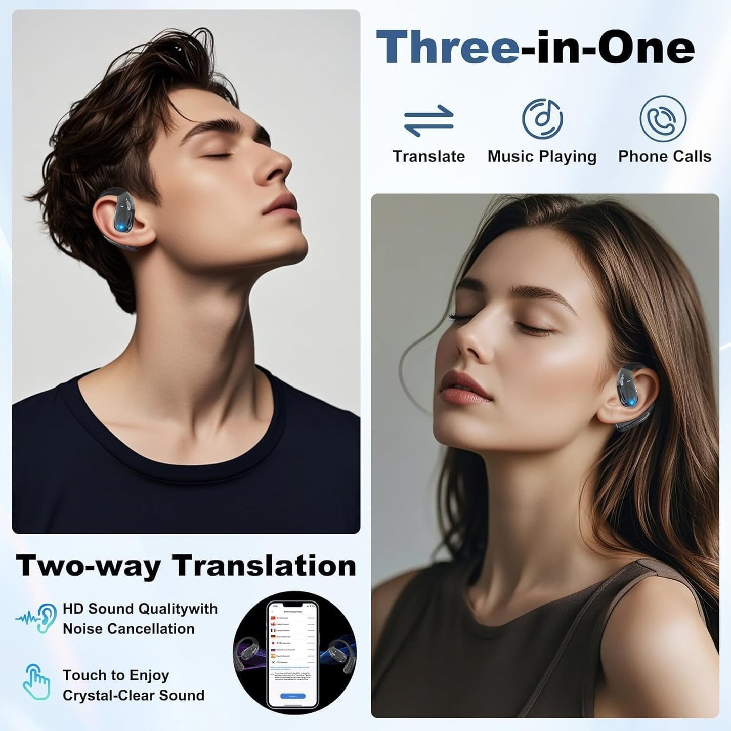 R'hllor Real-Time AI Translation Earbuds, Open-Ear Audifonos Traductores Inglés Español Two-Way Translator Headphones, Bluetooth Wireless Earhooks for Business, Travel, Learning, Meetings (Silver)