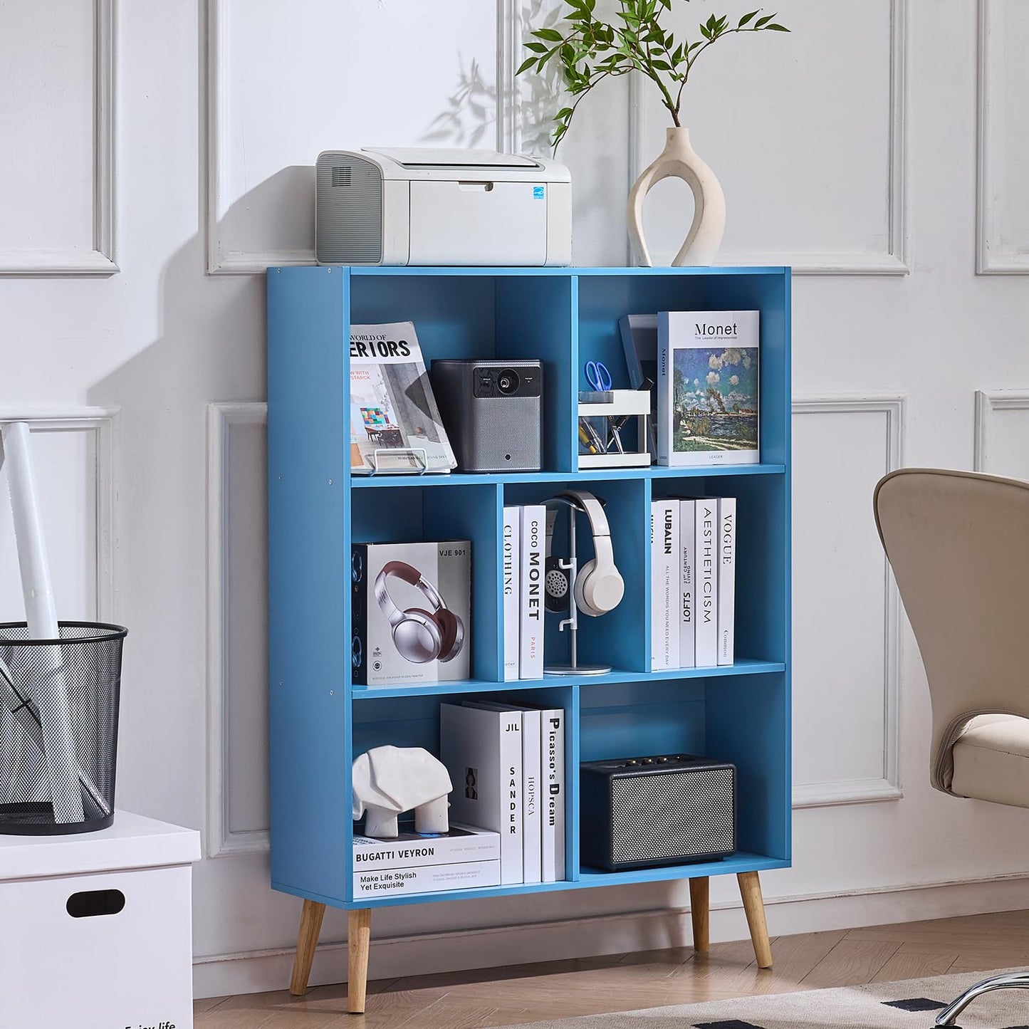 LEYAOYAO Cube Bookshelf 3 Tier Mid-Century Blue Modern Bookcase with Legs,Retro Wood Bookshelves Storage Organizer Shelf,Freestanding Open Book Shelves for Bedroom,Living Room,Office