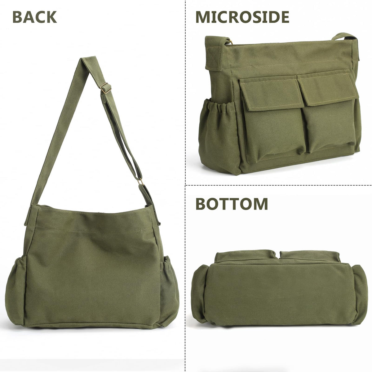 VODIU Canvas Messenger Bag Large Hobo Crossbody bags for Women,Men, Shoulder Tote Handbags with Laptop pocket Green