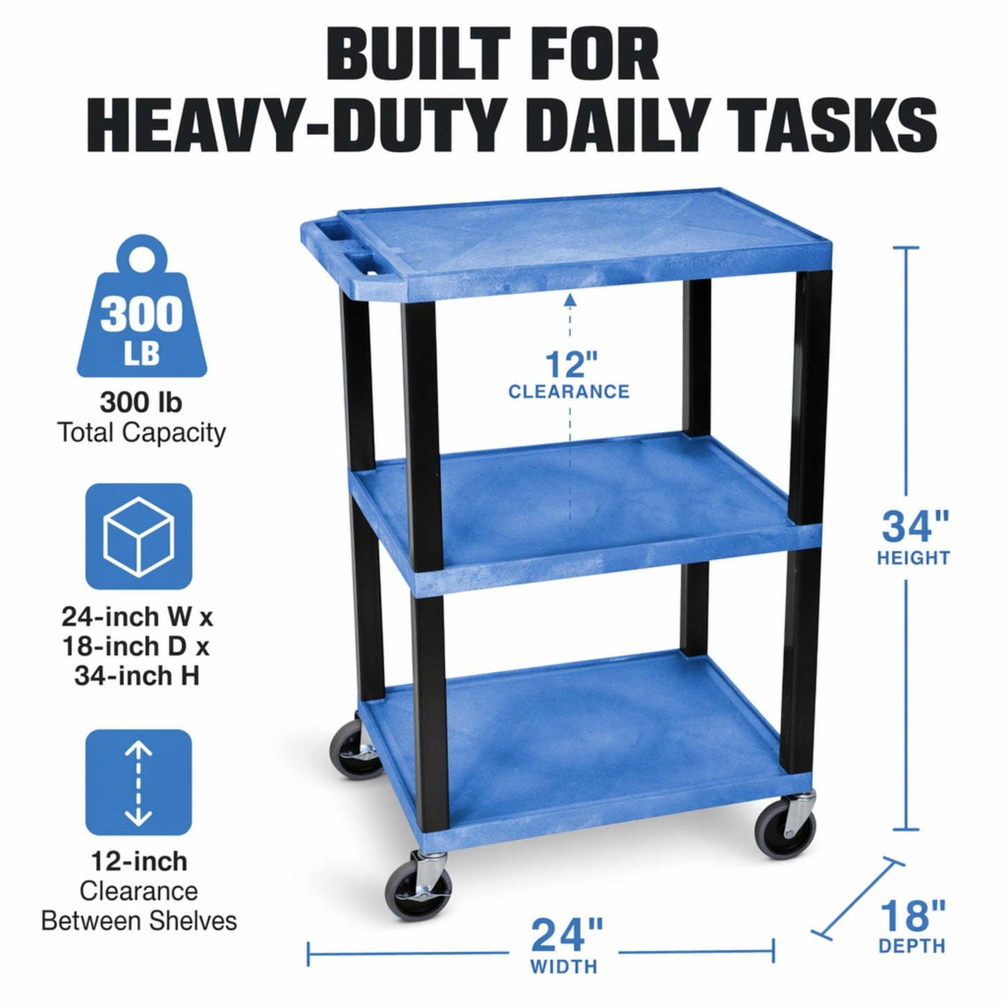 Classroom Basics WT34BUS Utility Cart, 3-Shelf Multipurpose Service Cart, 24" W x 18" D x 34" H, 300 lb Capacity, Molded Plastic with Ergonomic Handle, Flat Shelves, Blue Shelf and Black Leg