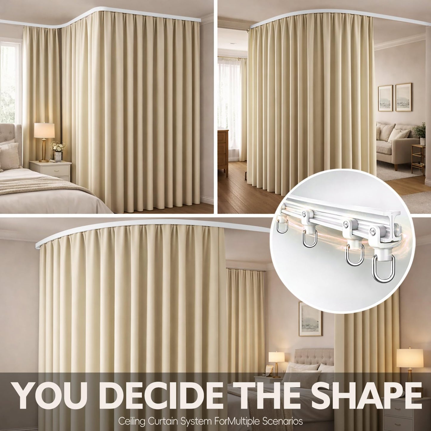 Jilron Room Divider Curtain Ceiling Curtain Track Set for Blackout and Privacy (Beige Curtain + White Track) 106" W x 84" L -1 Piece
