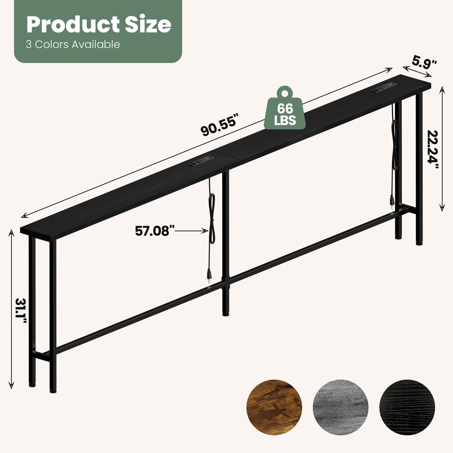 GRLEAF 90" Sofa Table with Built-in Power Strip (4 AC Outlets & 4 USB Ports) – 4.9ft Power Cord, Metal Frame, Easy Assembly, Long Couch Table Behind Sofa, Living Room and Home Office | Black