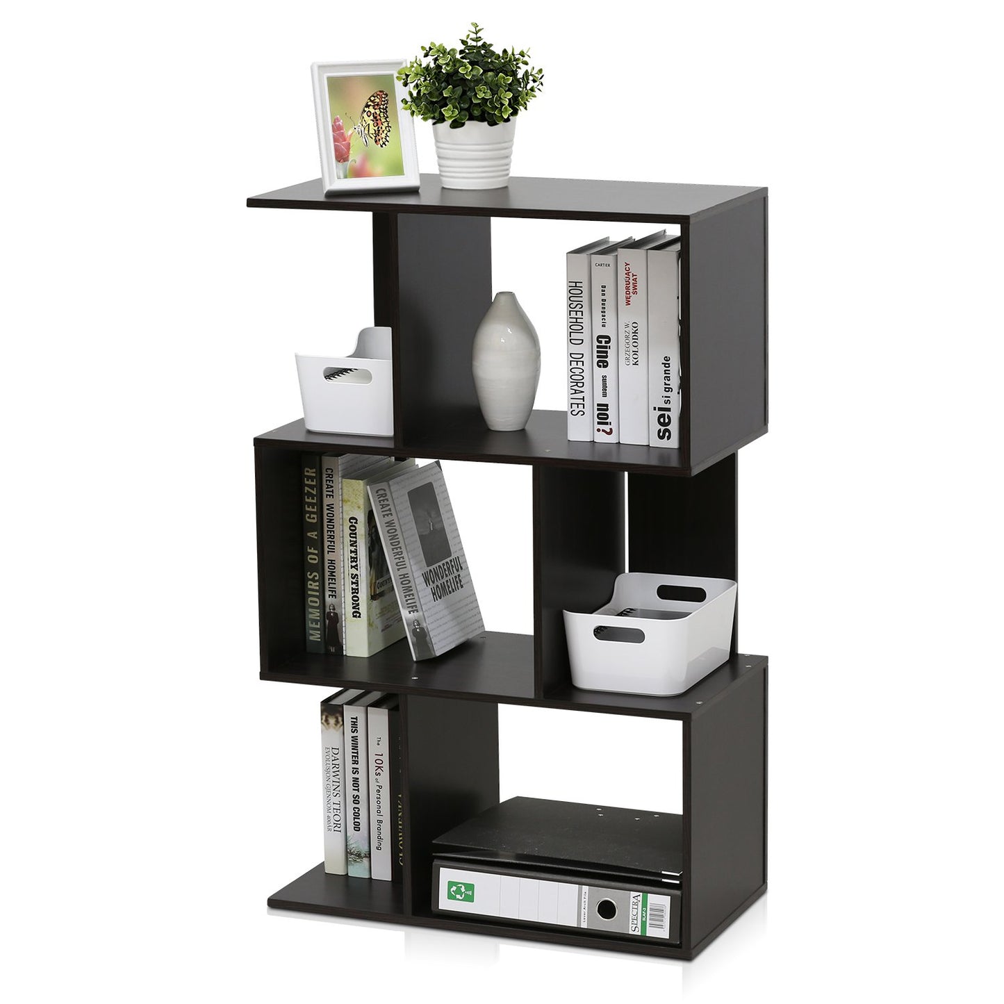 Furinno SIMPLY Book Shelf, 3-Tier Geometric Bookshelf, S-Shape Bookcase with Open Shelf, 11.8" x 23.6" x 37.3", for Organization and Storage, for Living Reoom, Bedroom, Home Office, Espresso