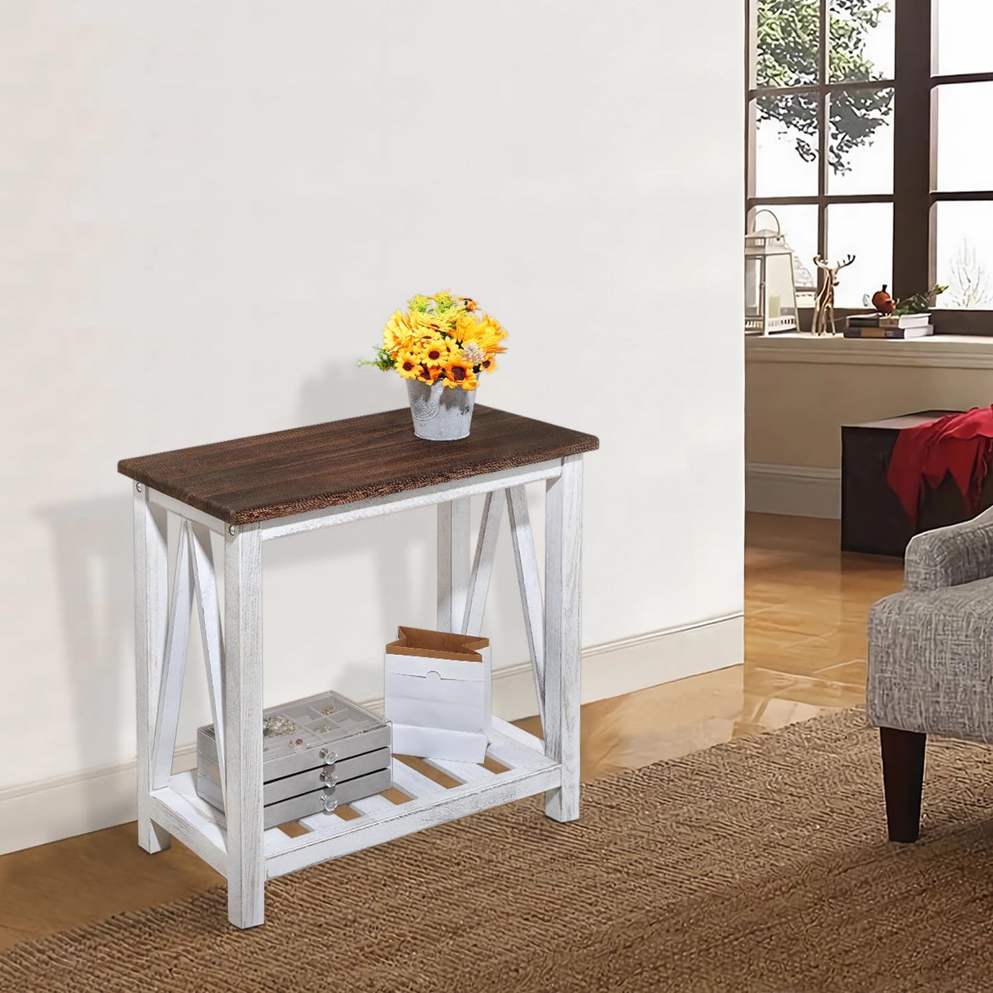 FEUFOAM Farmhouse End Table Narrow Side Table Living Room Slim End Tables with Storage Shelf 2 Tier Nightstand for Bedroom Hallway Dormitory, Rustic Brown and White