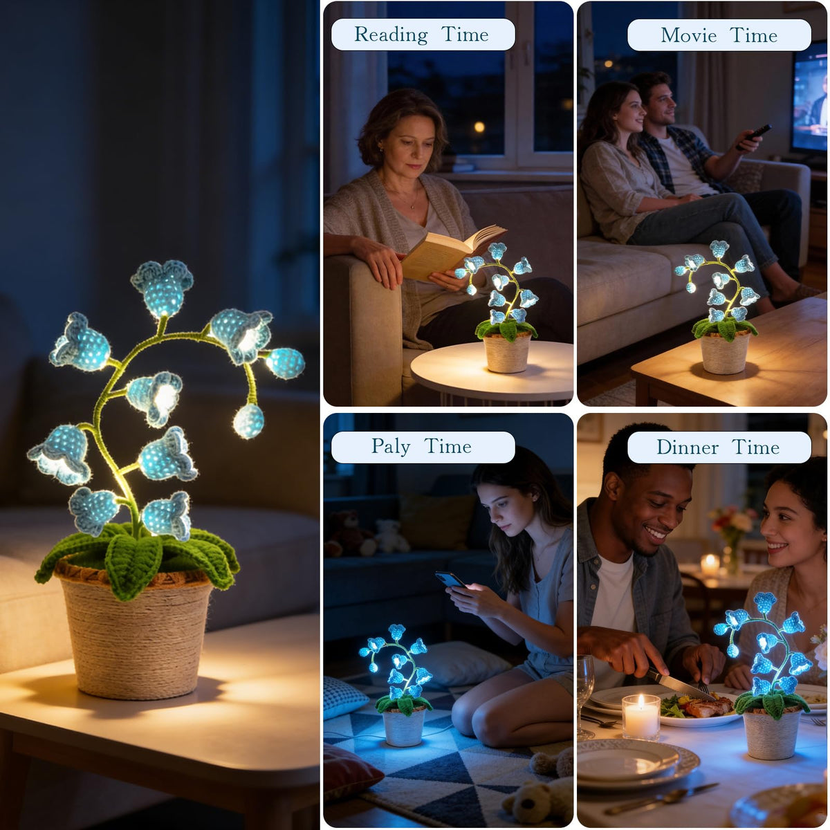 AVEKI Lily of Valley Lamp, Handmade Crochet Artificial Flower Lamp with Warm Light, Cute Desk Lamp for Bedroom, Battery Power Decor LED Night Light, Gift for Mom Daughter Girlfriend (Warm) (Blue)