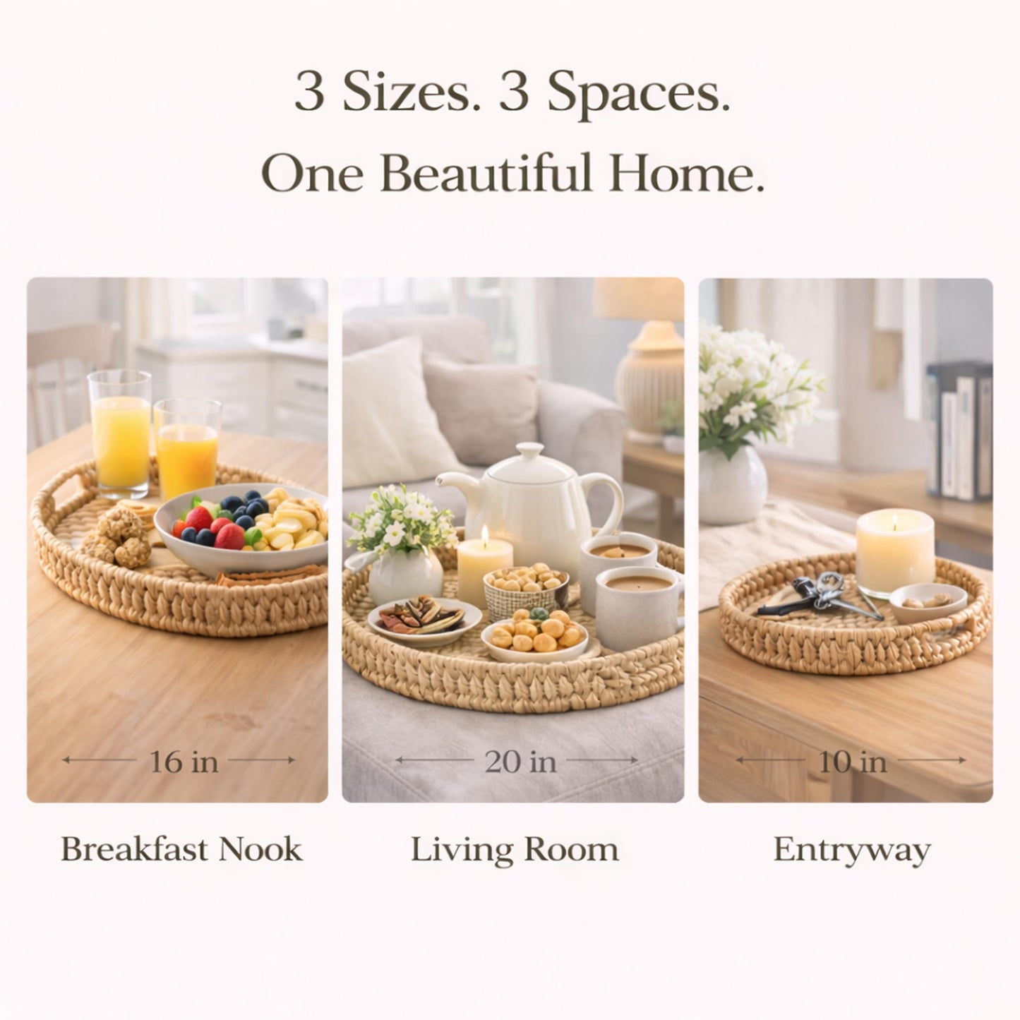 Extra Large Round Ottoman Tray Set of 3 (20", 16", 10")–Water Hyacinth Rattan Wicker Coffee Table Tray with Handles, Oversized Serving Tray for Kitchen Island, Dining Table, Entryway, Bedroom Decor