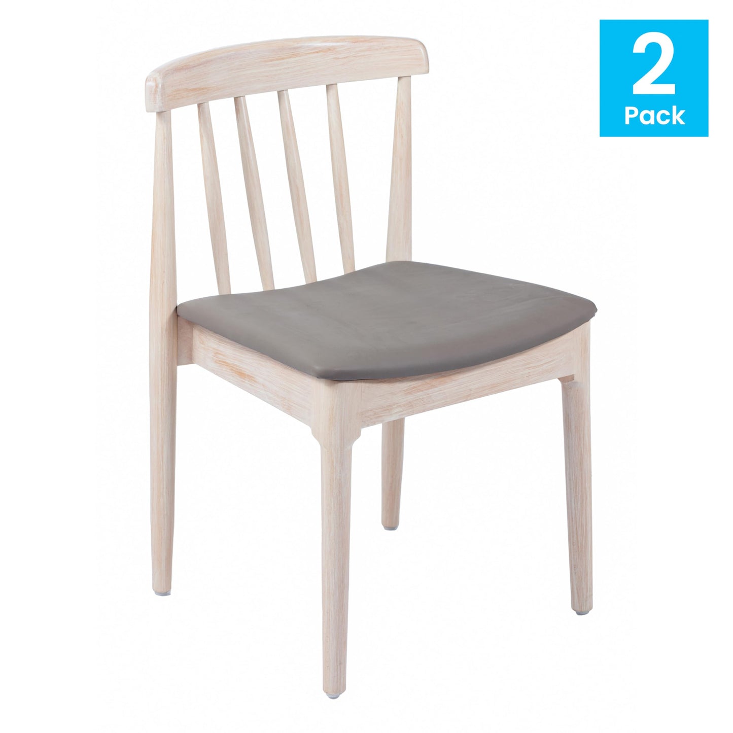 Flash Furniture Chester Solid Wood Dining Chair, Commercial Grade Restaurant Chair with Curved Spindle Backrest and Vinyl Padded Seat, Set of 2, Antique White/Beige