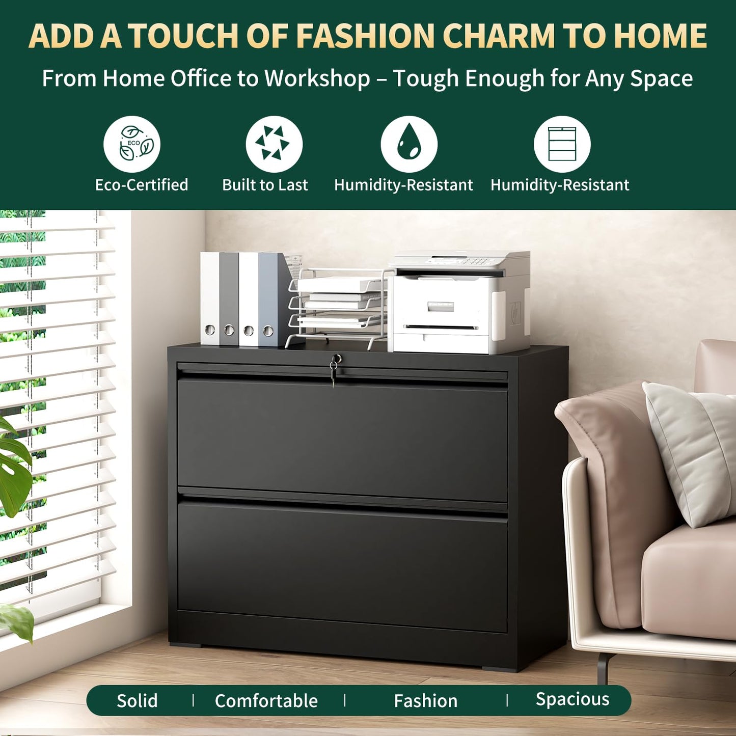 2 Drawer Lateral File Cabinet with Lock, 26.7"W File Cabinets for Home Office, Office Furniture for Organization Hanging Legal/Letter/A4, Metal Filing Cabinet Storage Cabinet, Require Assembly, Black