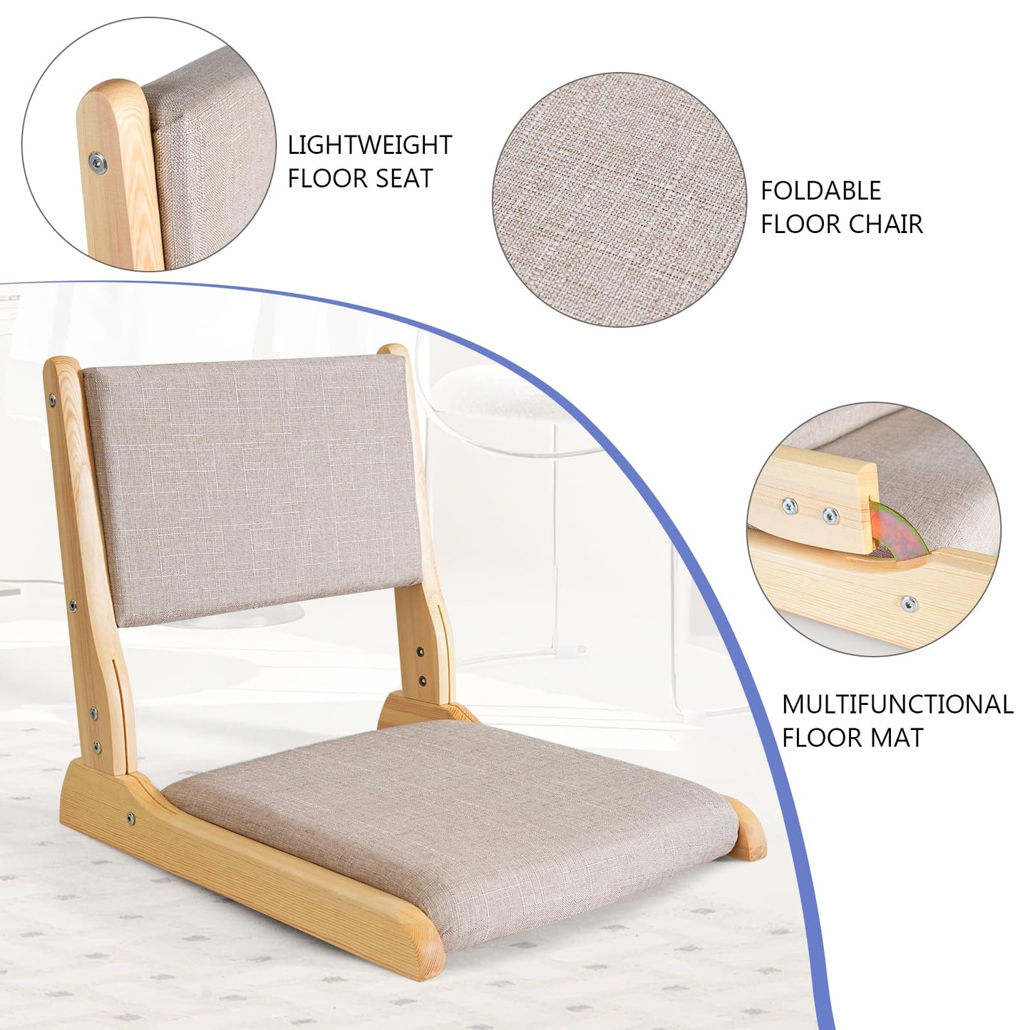 YOUKEEJOJO Japanese Floor Chair with Back Support, Foldable Meditation Chair, Legless Tatami Chair with Cushion, Floor Seat for Living Room, Bedroom, Bay Window (1, Gray)