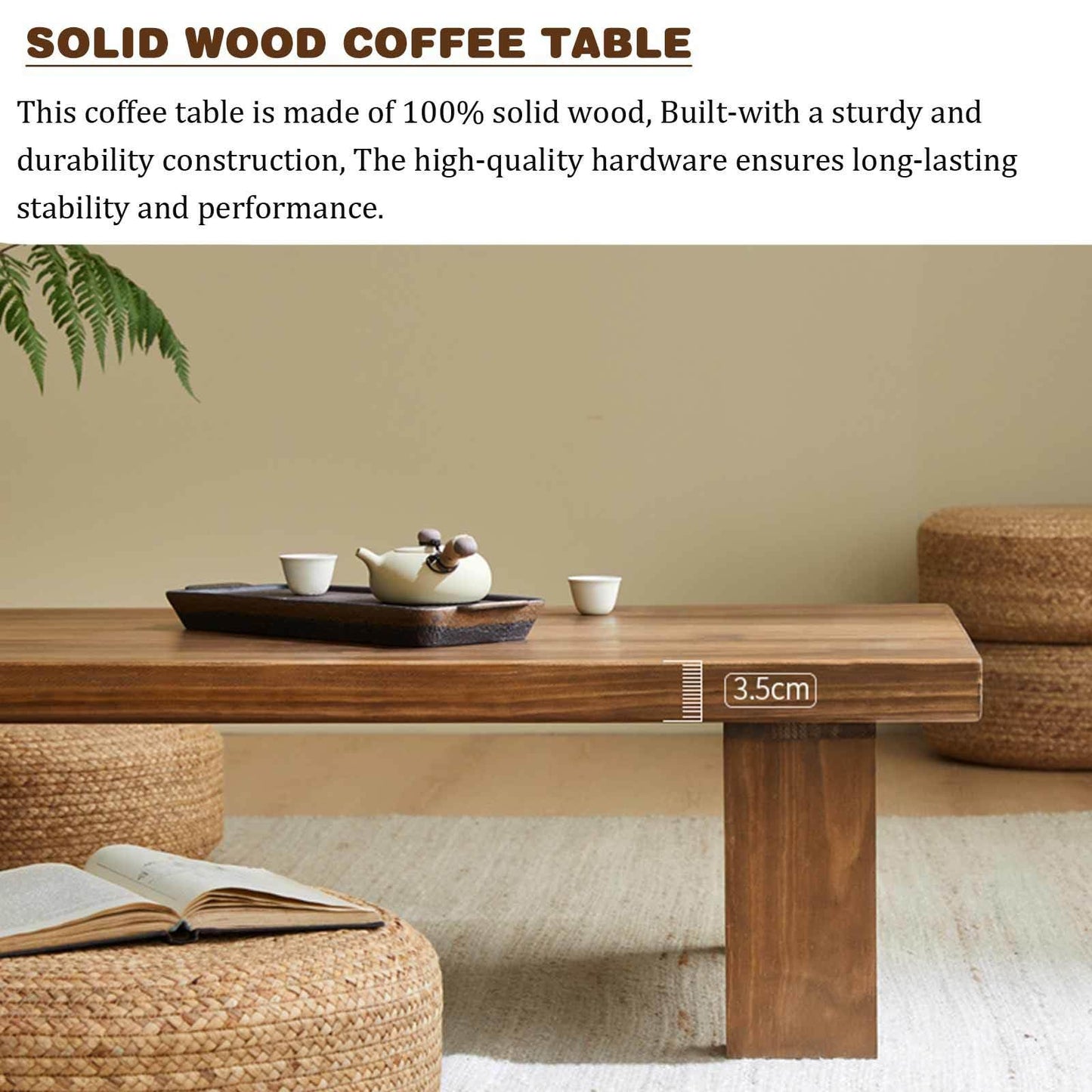 Japanese Style Solid Wood Coffee Table - Zen Tatami Low Table, New Chinese Design, 70.9" Long Balcony Floor Table, Elegant Wood Finish for Living Room & Office