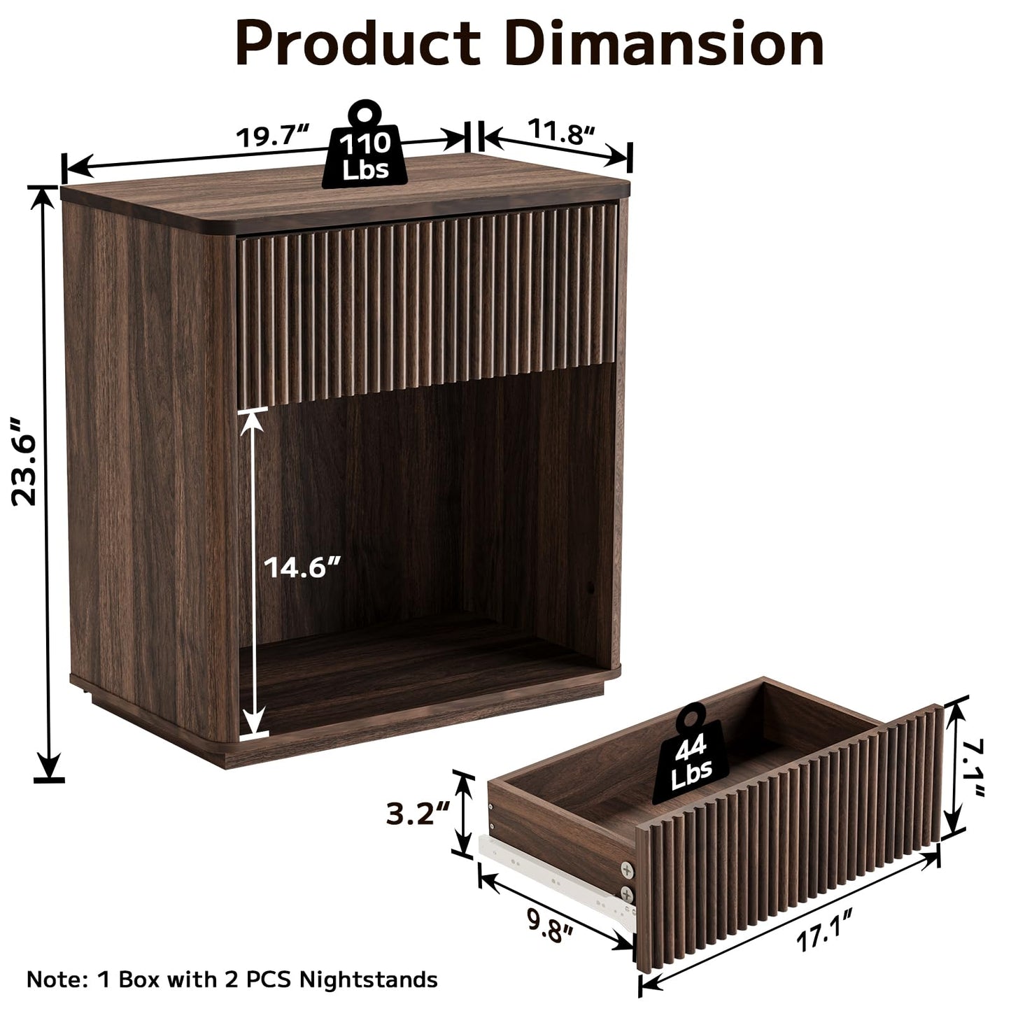 Cychuily Modern Fluted Nightstand Set of 2 for Bedroom, Mid Century Bedside Table with Drawer & Open Shelf, Wood End Table, Farmhouse Night Stand for Home, Hallway, Office, Walnut