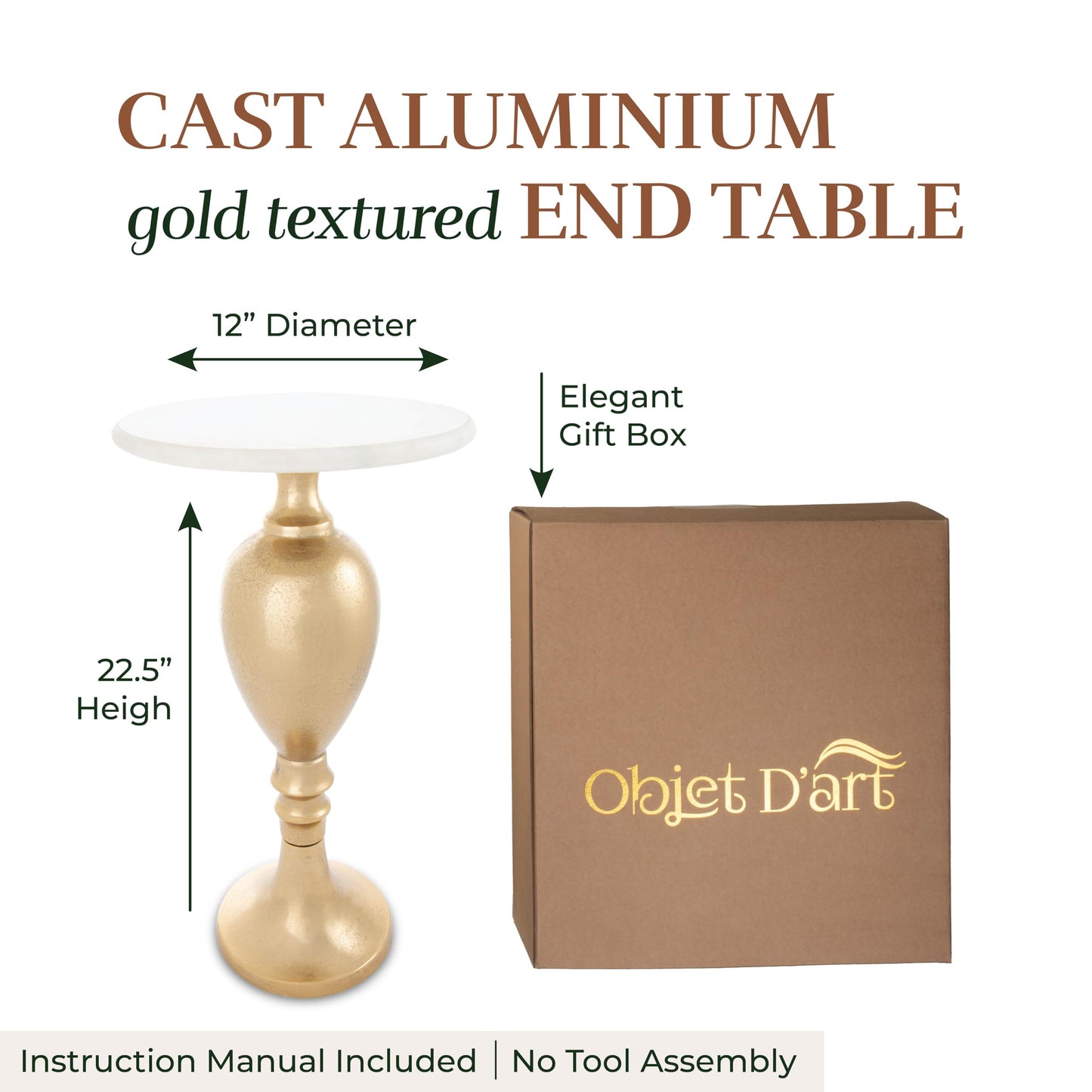 OBJET D'ART Small Round Gold End Tables, Orne, 22'' Height, Vintage Metal Accent, Side, Pedestal, Coctail and Drink Tables for Living Room and Small Spaces