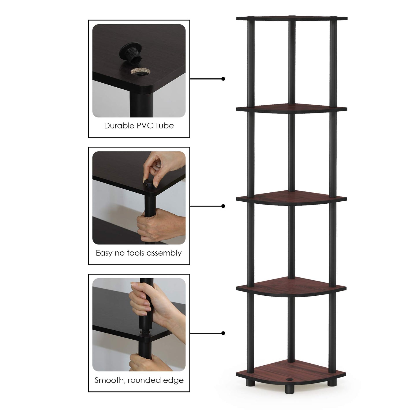 Furinno TURN-N-TUBE Corner Shelf, 5-Tier Corner Bookshelf, Open Storage Shelves, for Organization and Storage, Living Room, Home Office, Garage, Bedroom, Dark Cherry