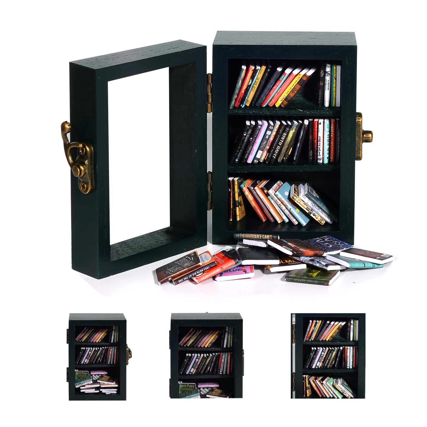 yyiviking Anxiety relief bookshelf – Includes 60 Mini Books, Solid Wood Mini Library for Mental Wellness, Desk & Home Office Decor, Unique Gift(Dark Green)