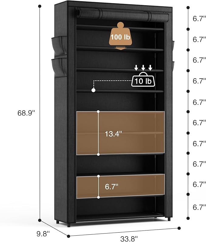 ROJASOP 10 Tier Shoe Rack with Covers, Large Capacity Stackable Tall Shoe Shelf