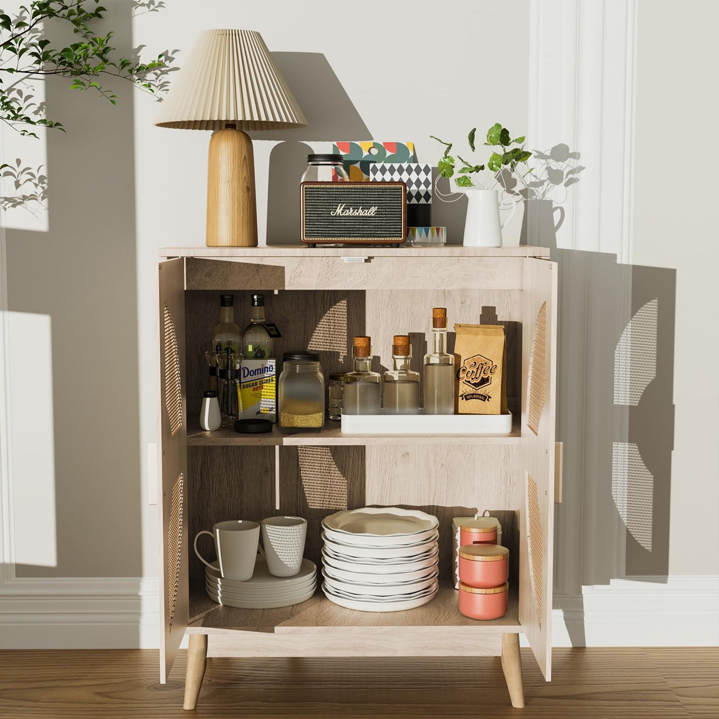 TOOBVEST Buffet Cabinet with Storage Sideboard Accent Modern Credenza with Doors & Shelves 32.9" Rattan Media Console Mid Century Coffee Bar Table for Living Room Kitchen Dining Room Hallway