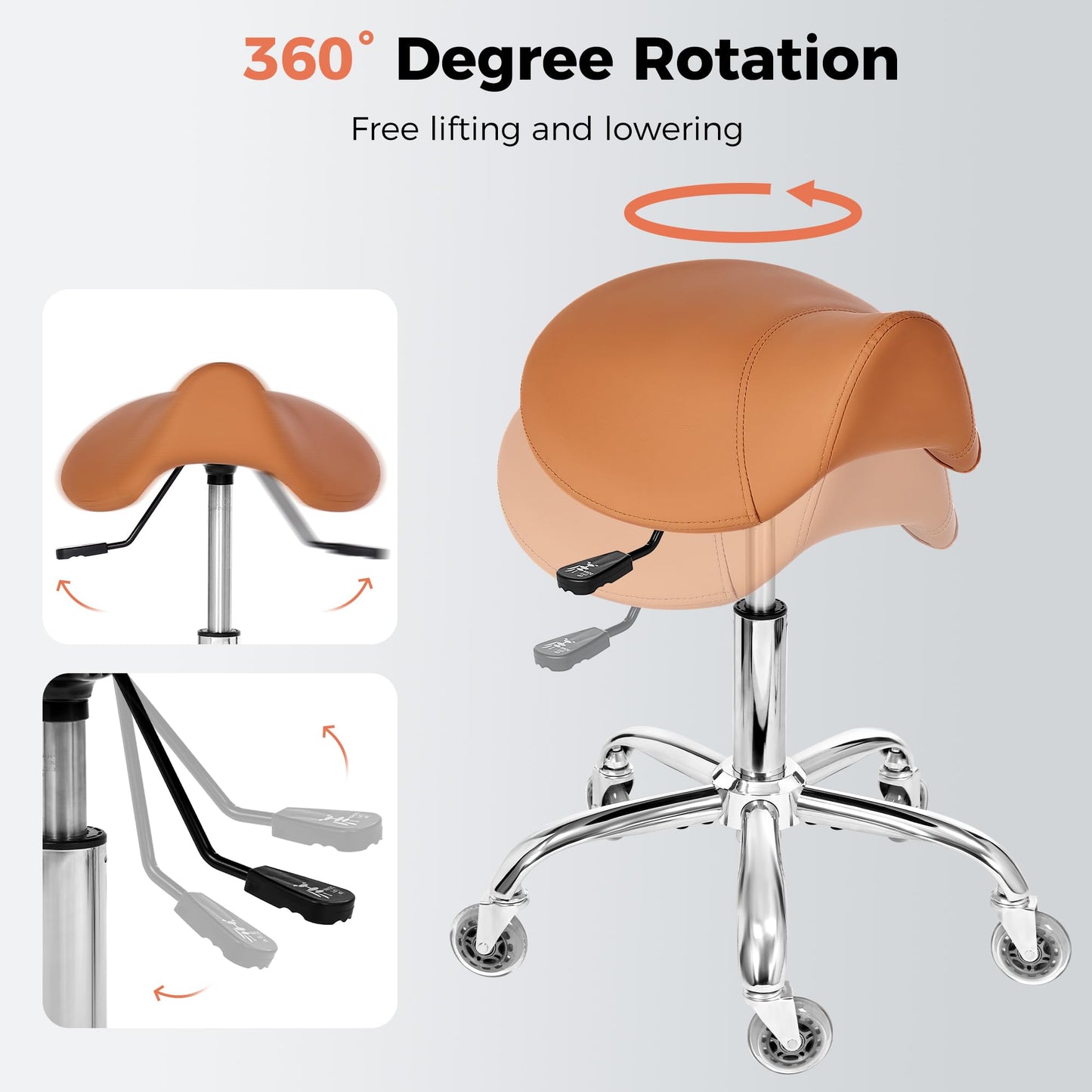 BEWISHOME Saddle Stool with Wheels, Ergonomic Contoured Seat, Thick Cushioned PU Leather Swivel Saddle Chair with Adjustable Height for All-Day Comfort, for Salon, Clinic, Studio and OfficeBMD01Z