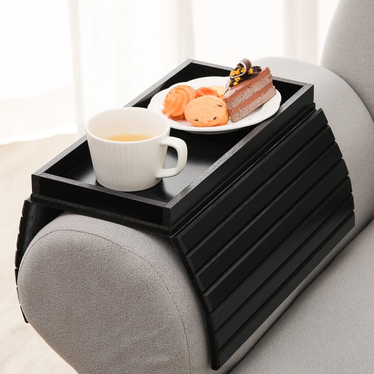 GEHE Bamboo Sofa Arm Tray, Foldable Couch Arm Tray Side Table, Anti-Falling Armrest Tables Cup Holder for Snacks, Drinks, Beers, Phone, Control, Flexible and Portable, Anti-Slip Bottom